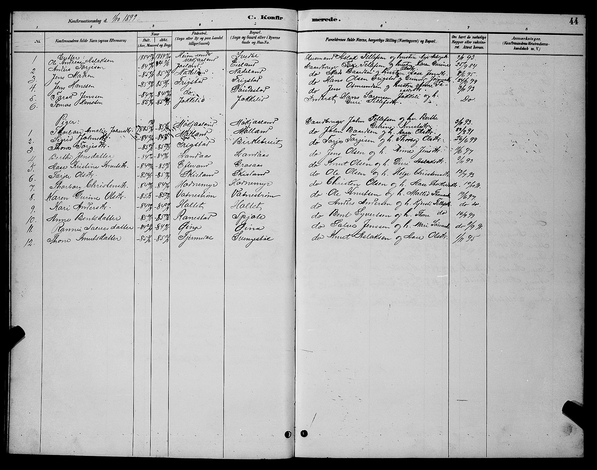 Evje sokneprestkontor, AV/SAK-1111-0008/F/Fb/Fbc/L0004: Parish register (copy) no. B 4, 1890-1900, p. 44