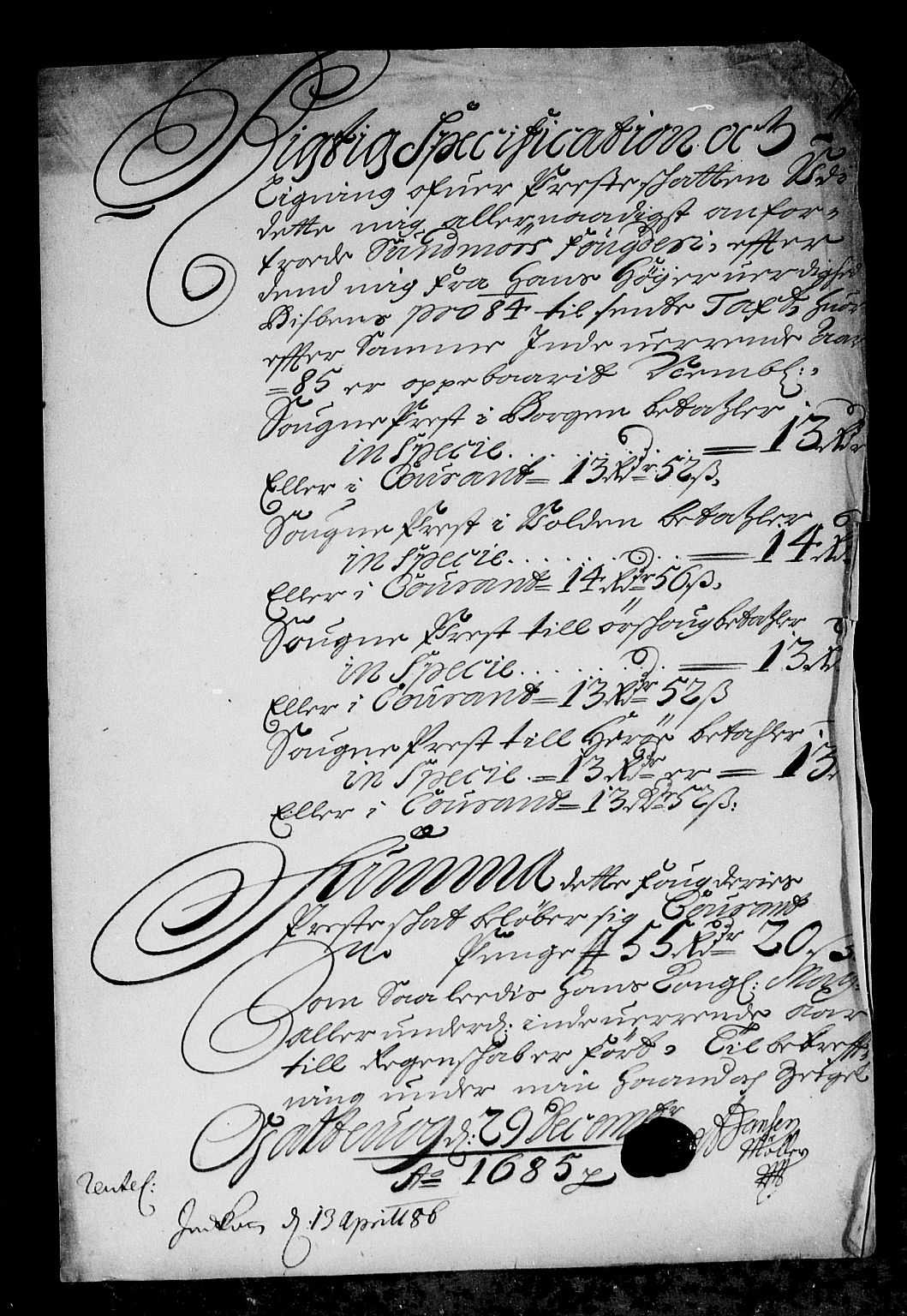 Rentekammeret inntil 1814, Reviderte regnskaper, Stiftamtstueregnskaper, Bergen stiftamt, AV/RA-EA-6043/R/Rc/L0077: Bergen stiftamt, 1685