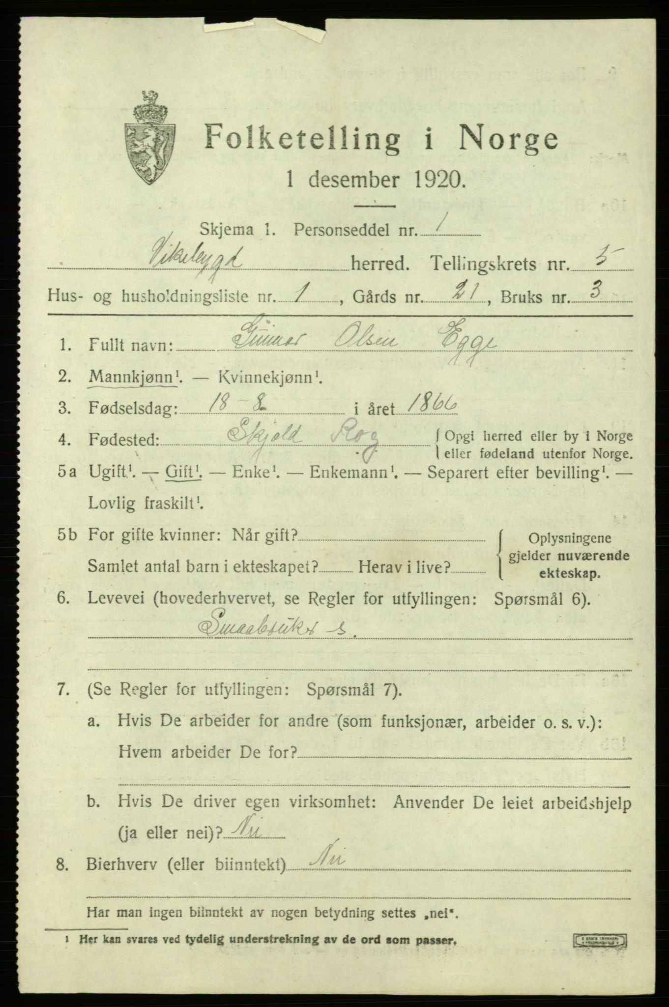 SAB, 1920 census for Vikebygd, 1920, p. 1689