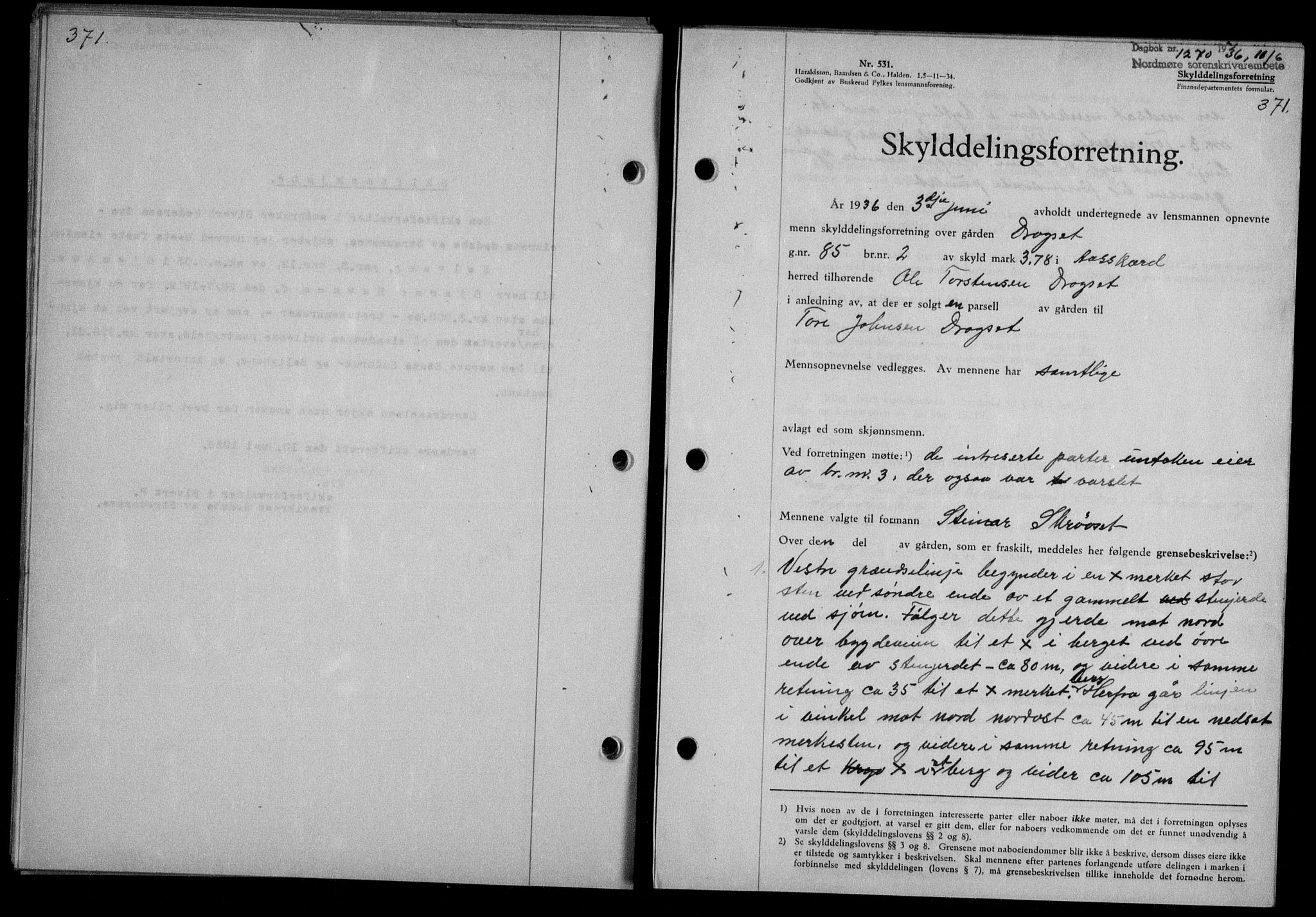 Nordmøre sorenskriveri, AV/SAT-A-4132/1/2/2Ca/L0088: Mortgage book no. 78, 1936-1936, Diary no: : 1270/1936