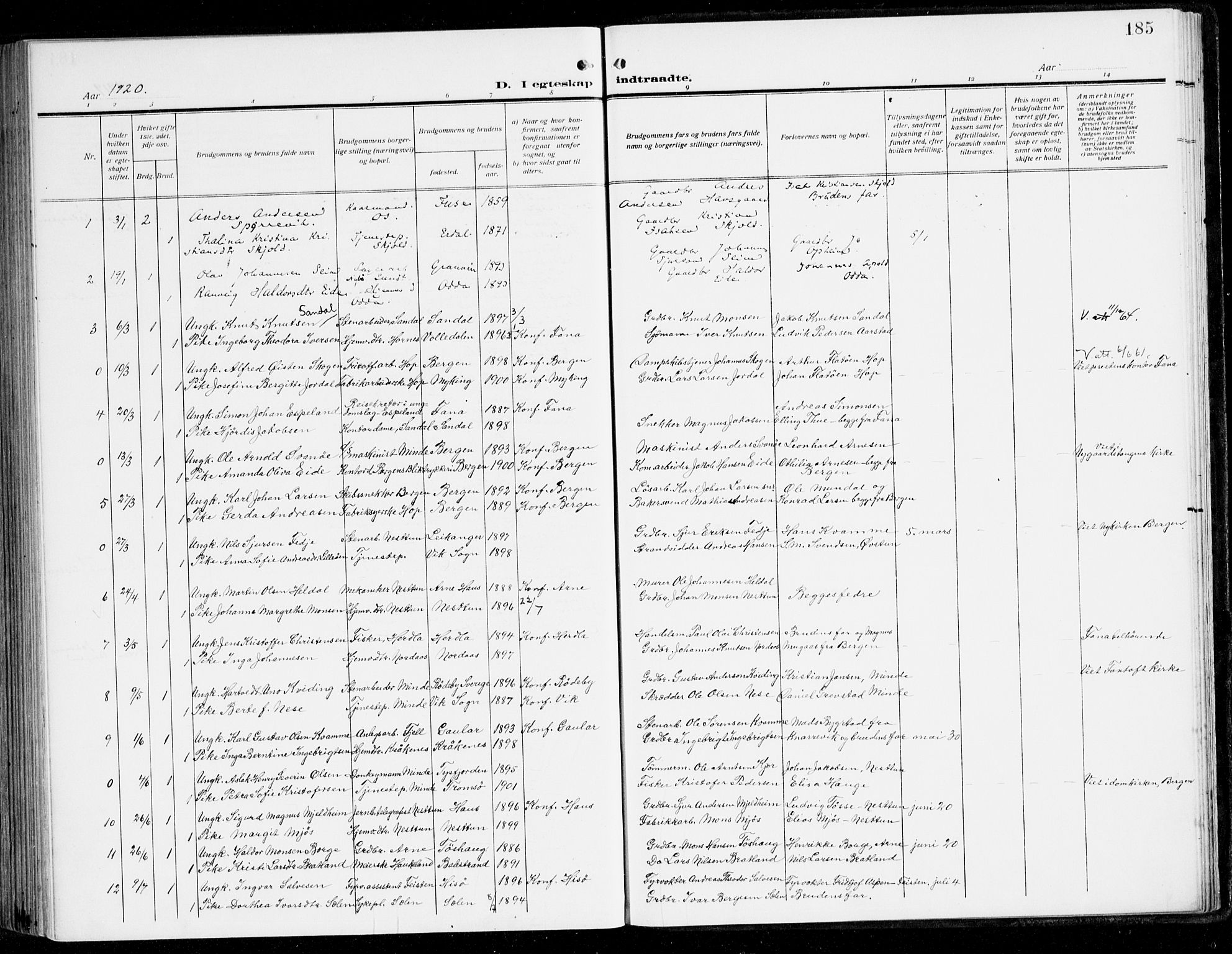 Fana Sokneprestembete, SAB/A-75101/H/Haa/Haai/L0004: Parish register (official) no. I 4, 1912-1933, p. 185