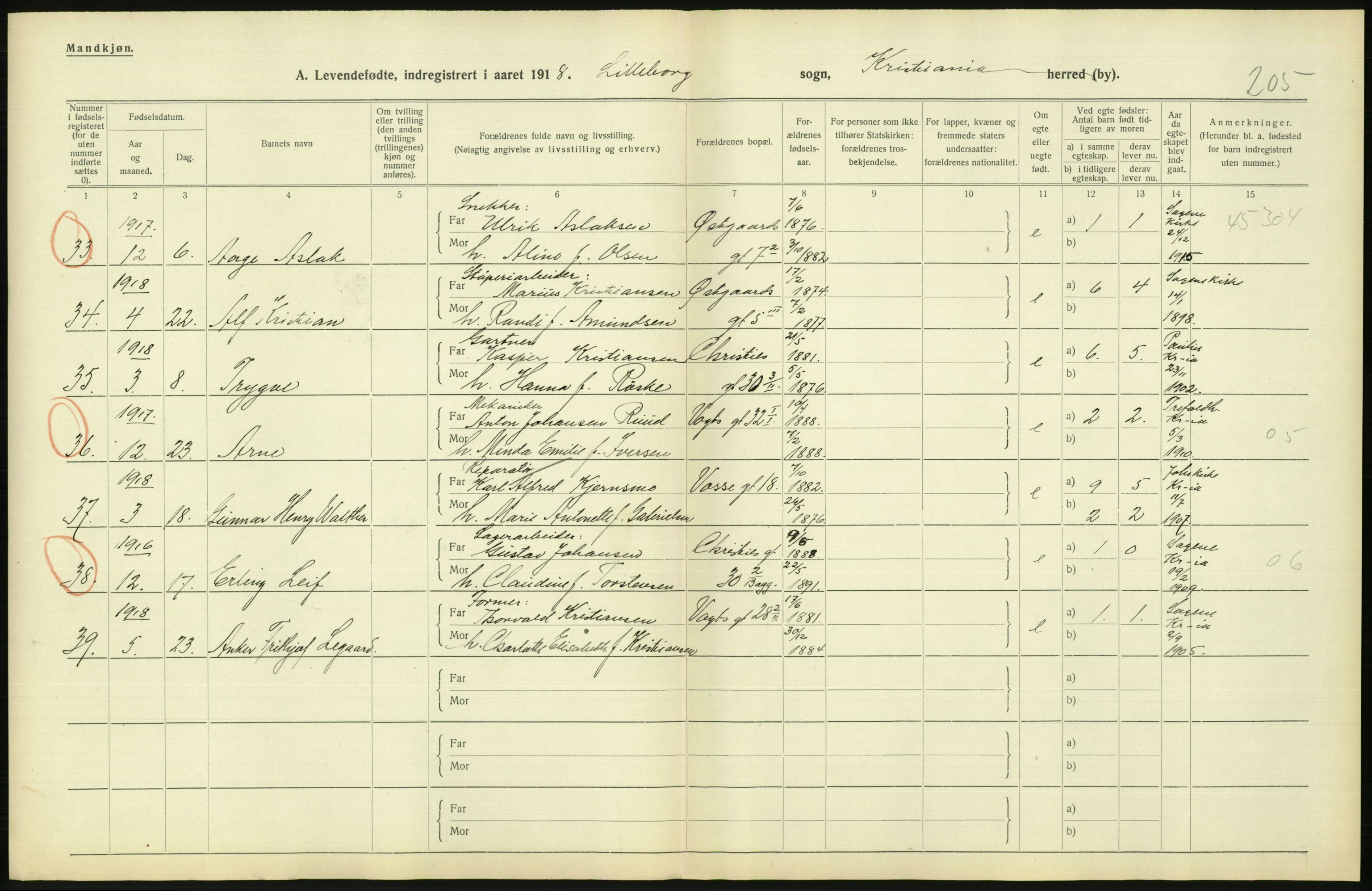 Statistisk sentralbyrå, Sosiodemografiske emner, Befolkning, AV/RA-S-2228/D/Df/Dfb/Dfbh/L0008: Kristiania: Levendefødte menn og kvinner., 1918, p. 866