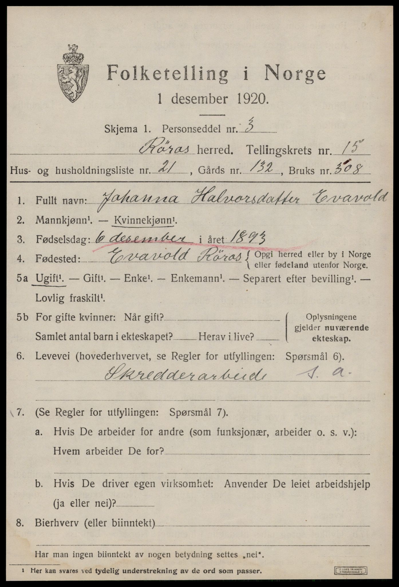 SAT, 1920 census for Røros, 1920, p. 10602