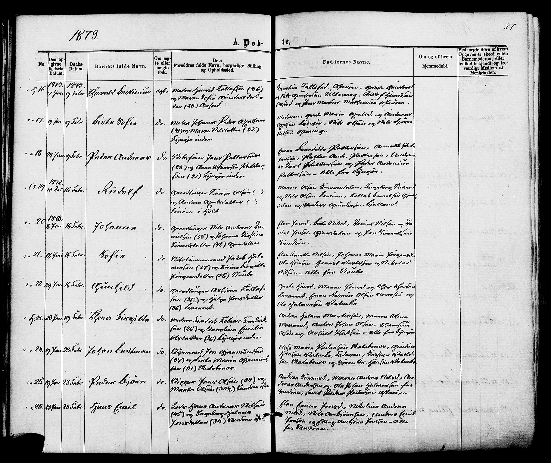 Dypvåg sokneprestkontor, AV/SAK-1111-0007/F/Fa/Faa/L0007: Parish register (official) no. A 7/ 1, 1872-1884, p. 27