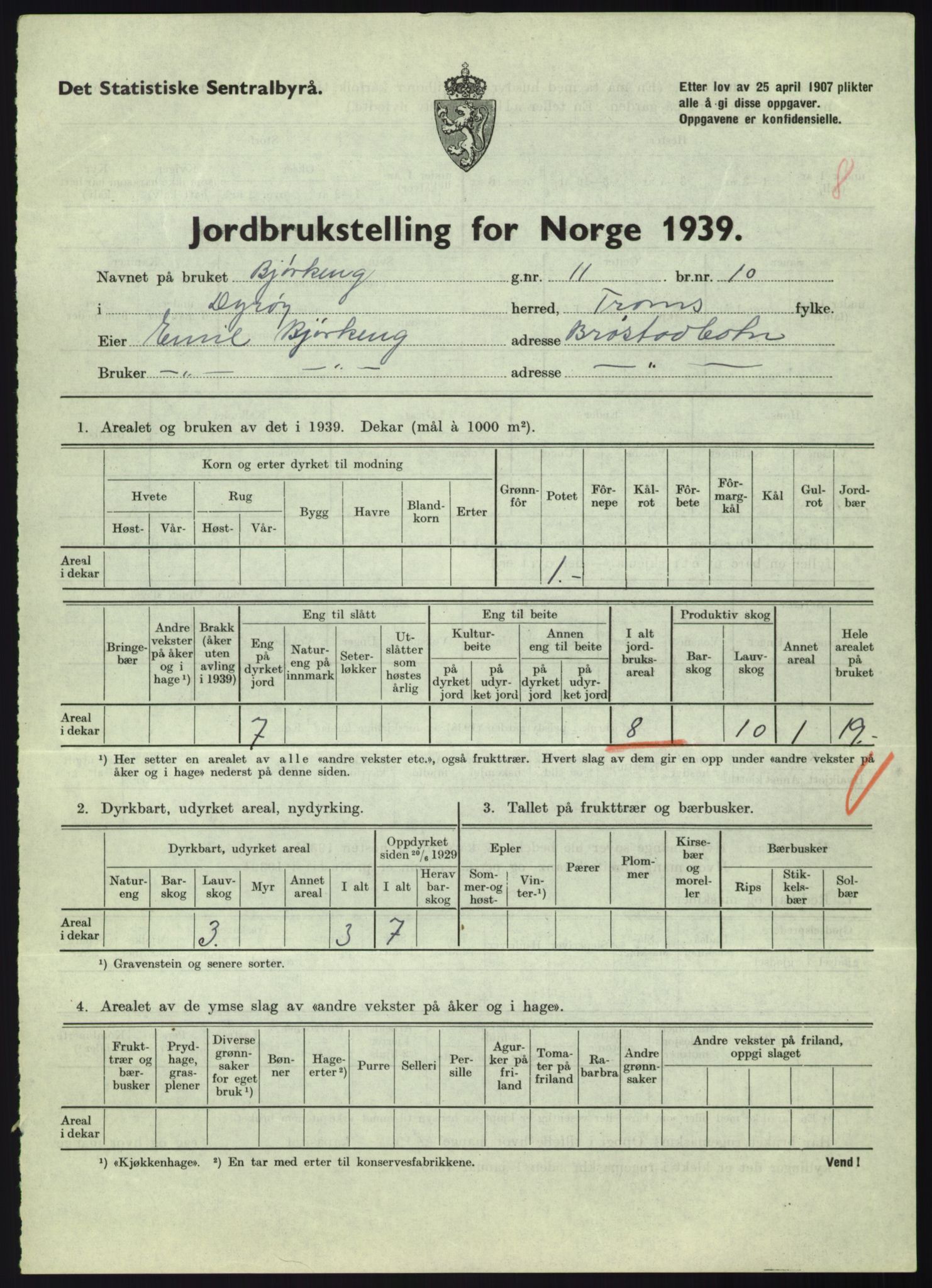 Statistisk sentralbyrå, Næringsøkonomiske emner, Jordbruk, skogbruk, jakt, fiske og fangst, AV/RA-S-2234/G/Gb/L0340: Troms: Salangen og Dyrøy, 1939, p. 912