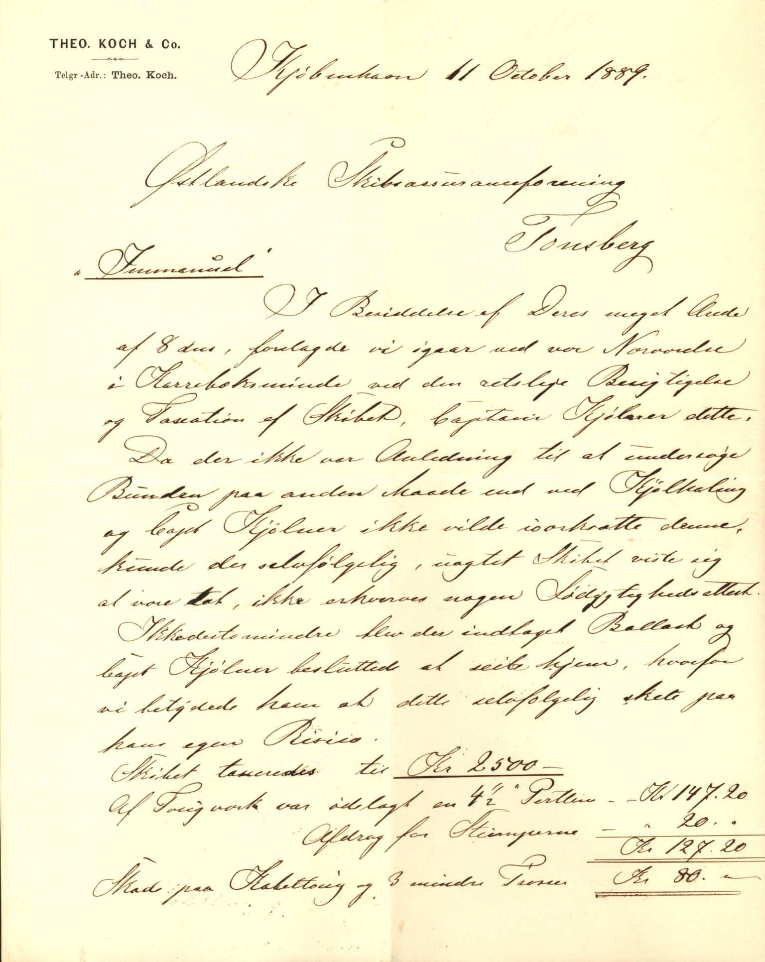 Pa 63 - Østlandske skibsassuranceforening, VEMU/A-1079/G/Ga/L0023/0008: Havaridokumenter / Immanuel, Wilhelm, Tobine, Diaz, Esmeralda, Tjømø, 1889, p. 18