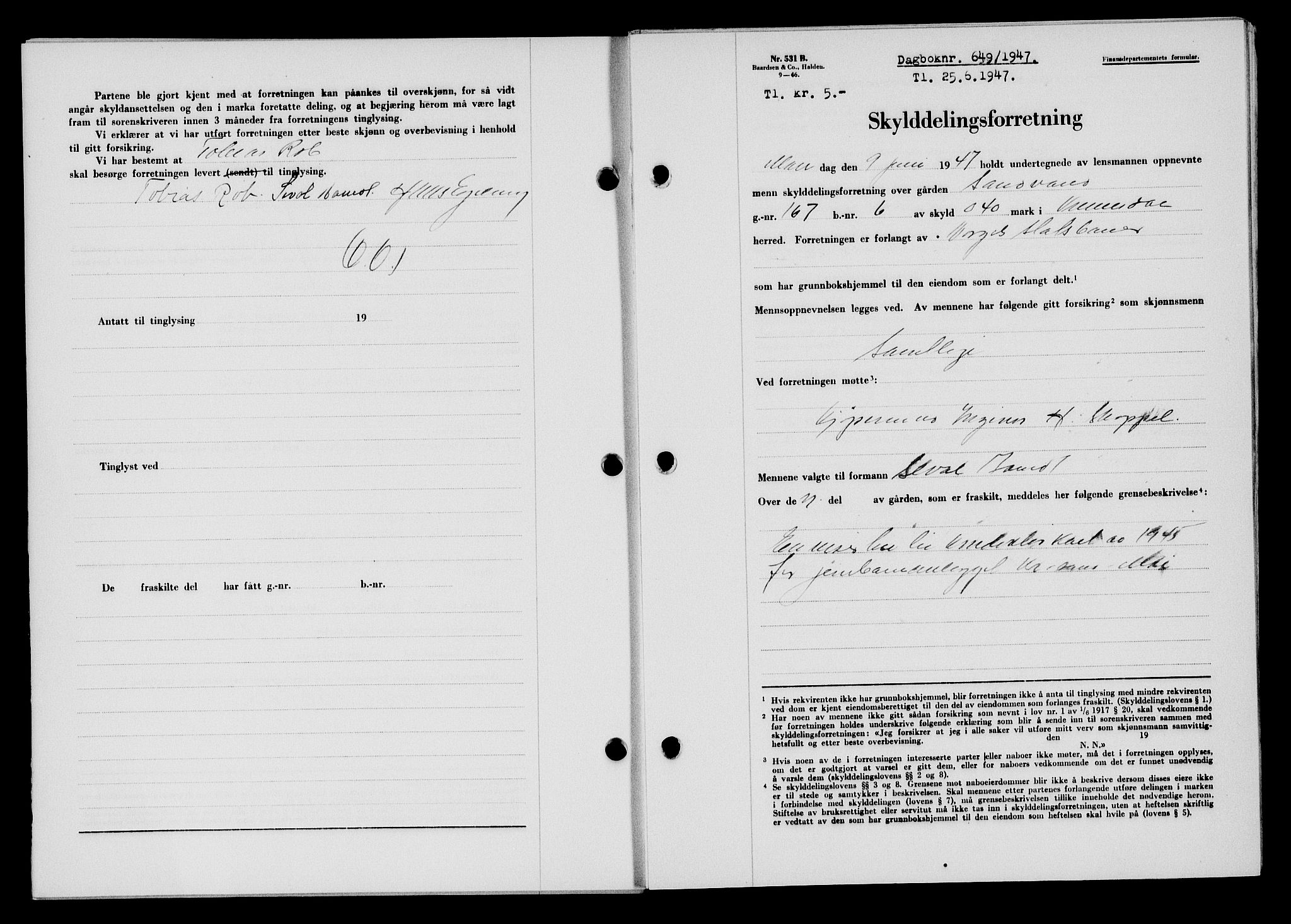 Flekkefjord sorenskriveri, SAK/1221-0001/G/Gb/Gba/L0062: Mortgage book no. A-10, 1947-1947, Diary no: : 649/1947