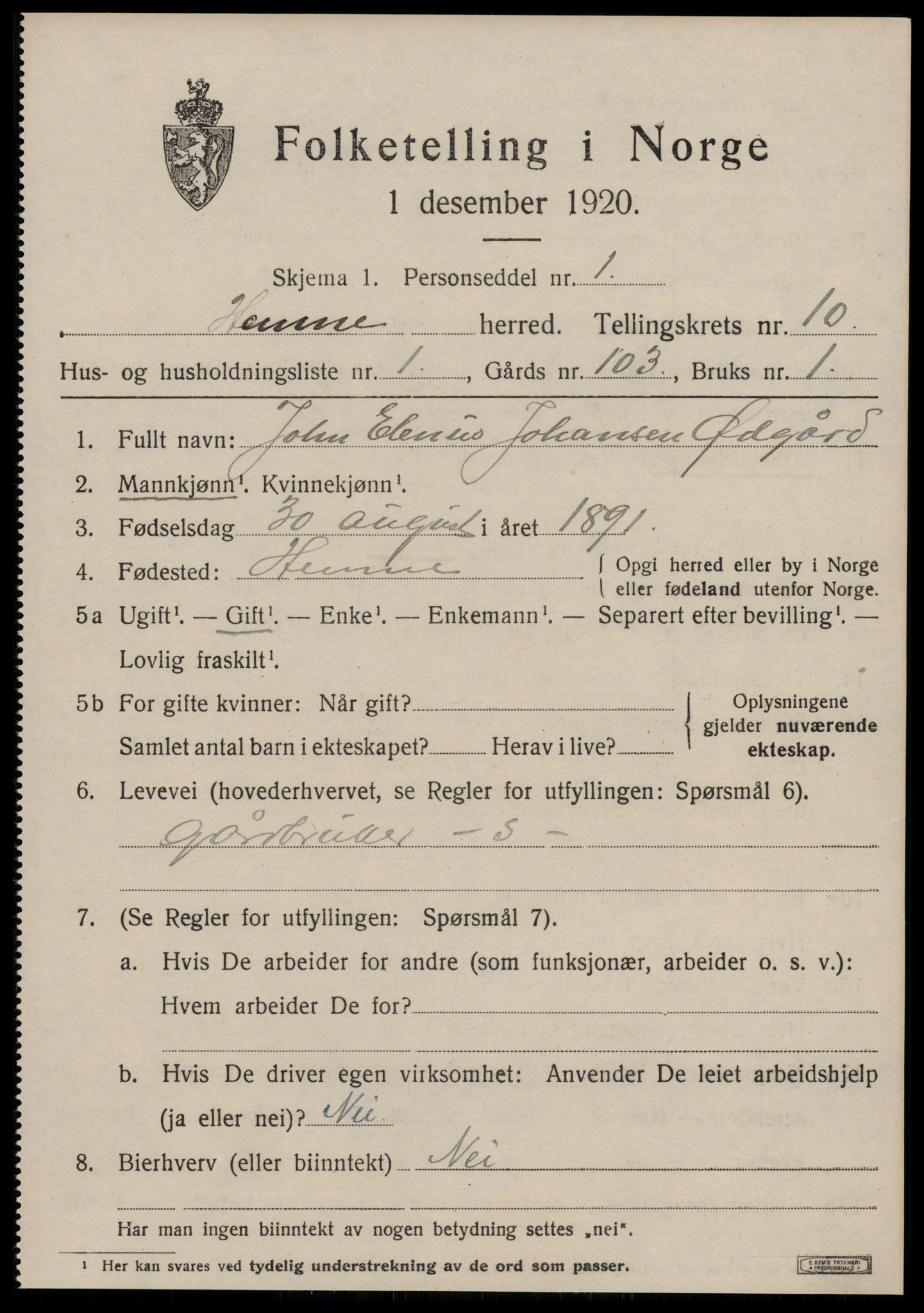 SAT, 1920 census for Hemne, 1920, p. 6122