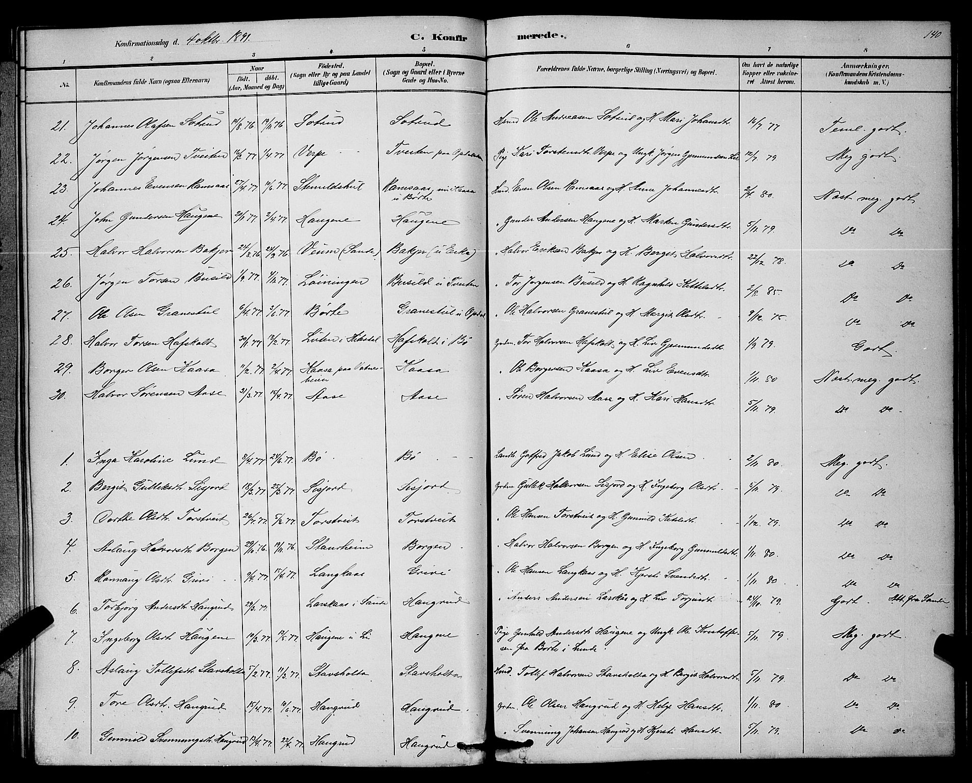 Bø kirkebøker, SAKO/A-257/G/Ga/L0005: Parish register (copy) no. 5, 1883-1897, p. 140