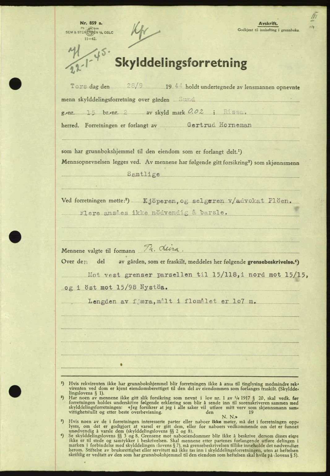 Fosen sorenskriveri, AV/SAT-A-1107/1/2/2C: Mortgage book no. A3, 1943-1945, Diary no: : 71/1945