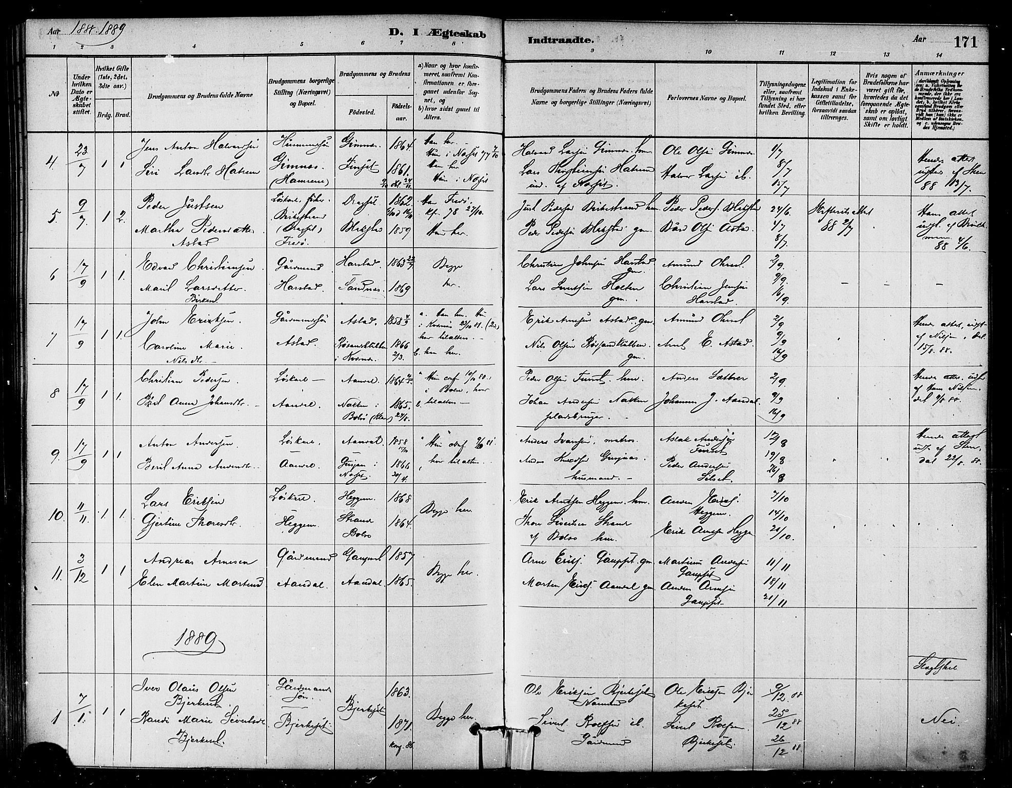 Ministerialprotokoller, klokkerbøker og fødselsregistre - Møre og Romsdal, SAT/A-1454/584/L0967: Parish register (official) no. 584A07, 1879-1894, p. 171