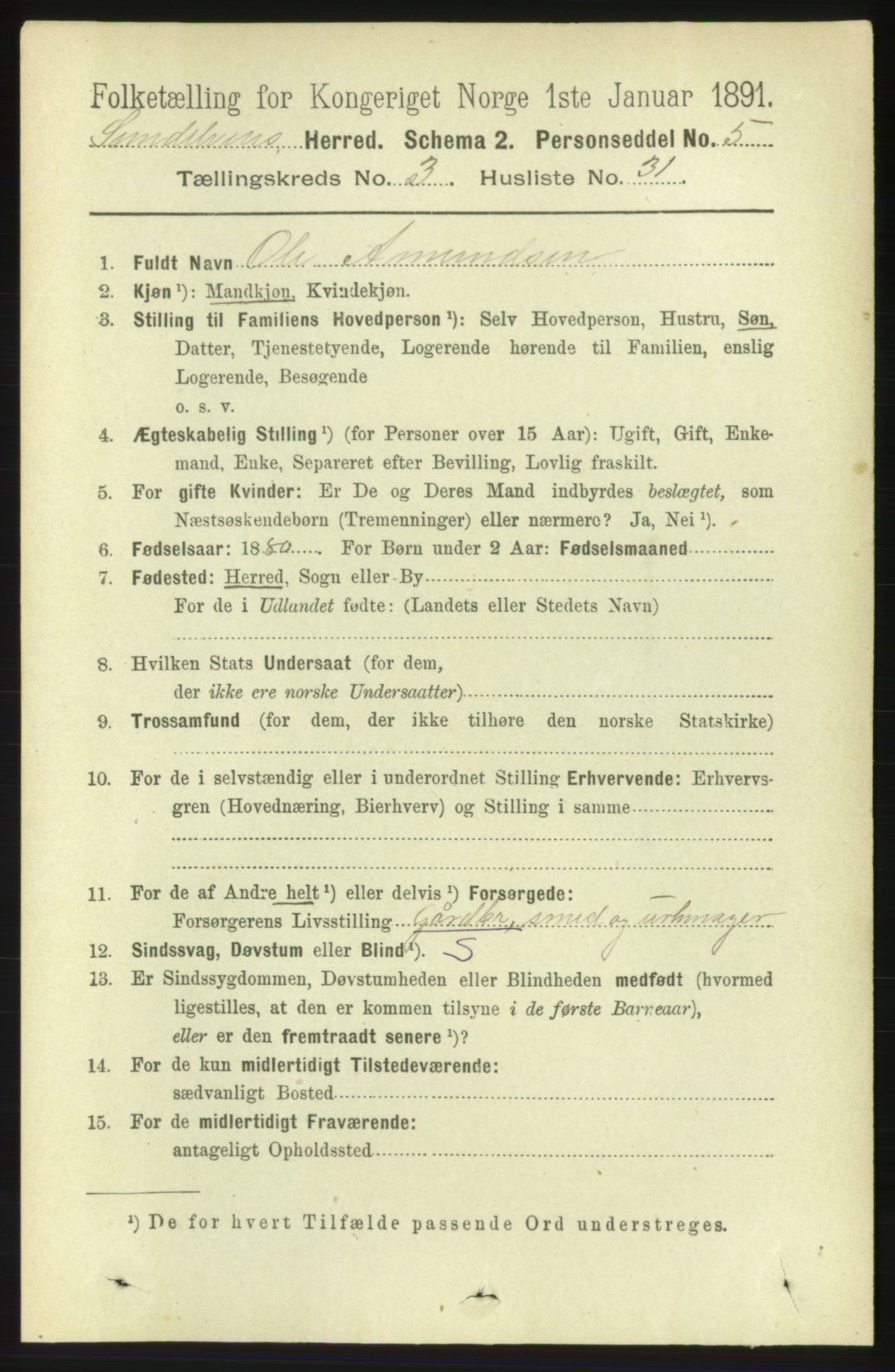 RA, 1891 census for 1523 Sunnylven, 1891, p. 829