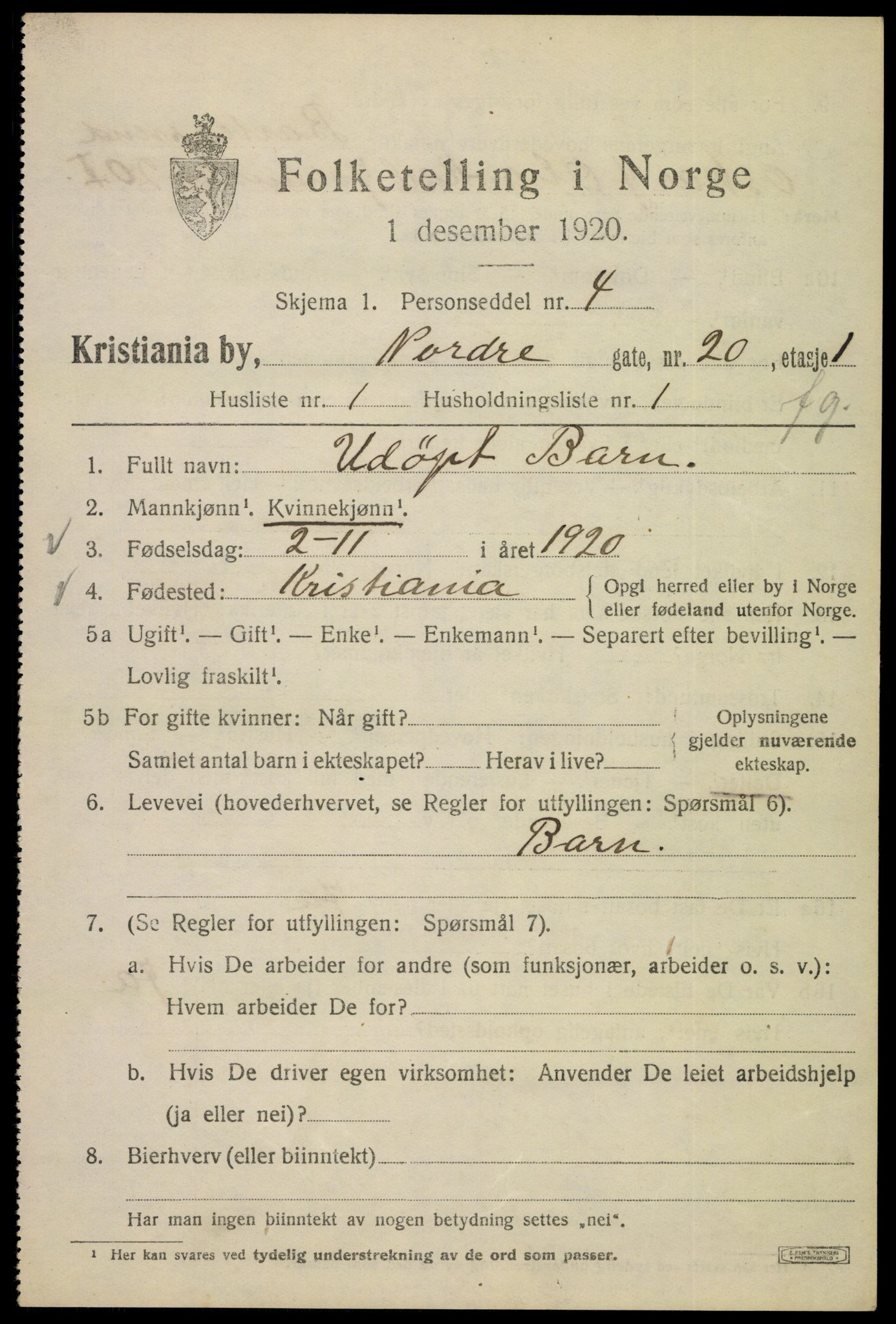 SAO, 1920 census for Kristiania, 1920, p. 425429