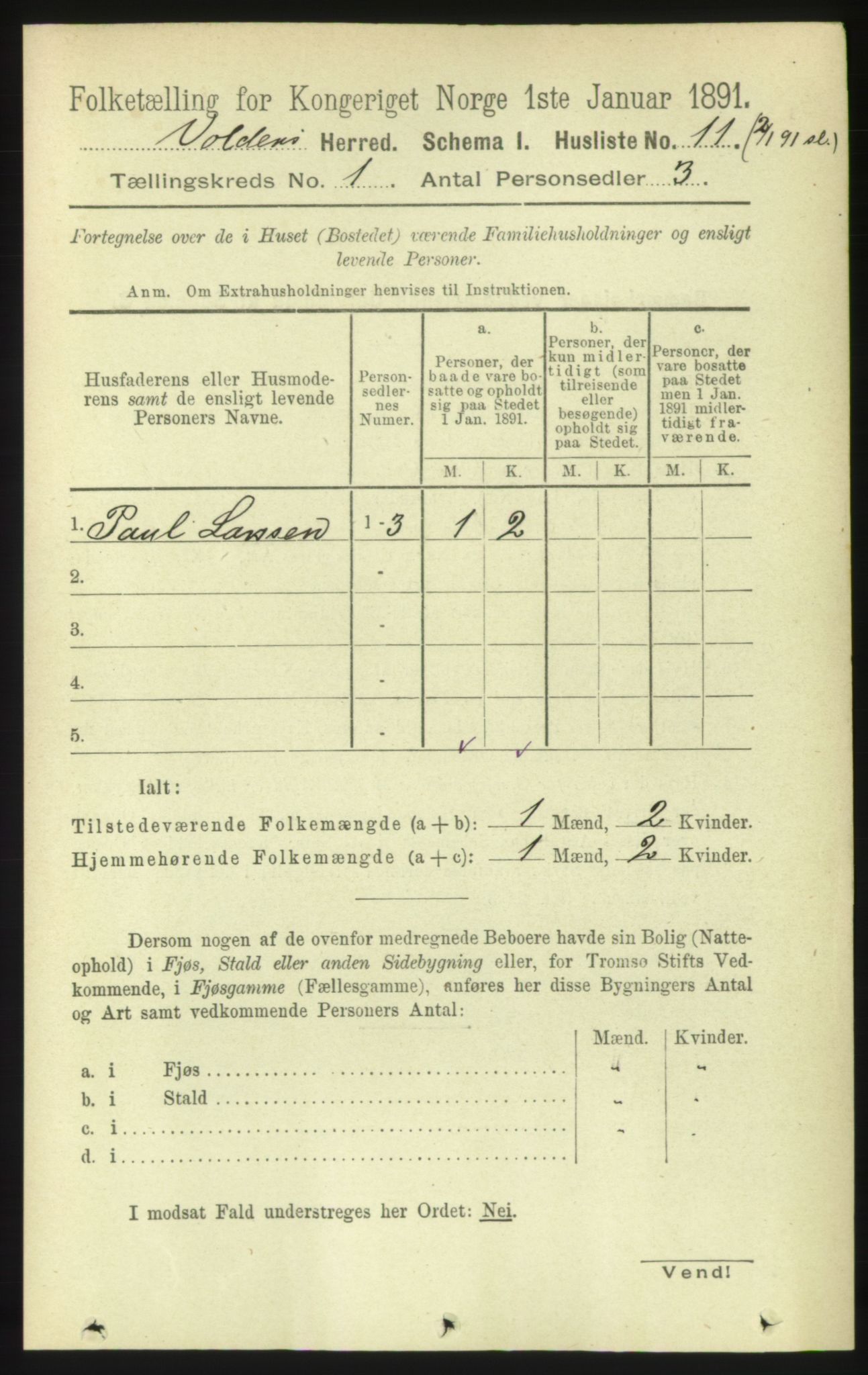 RA, 1891 census for 1519 Volda, 1891, p. 37