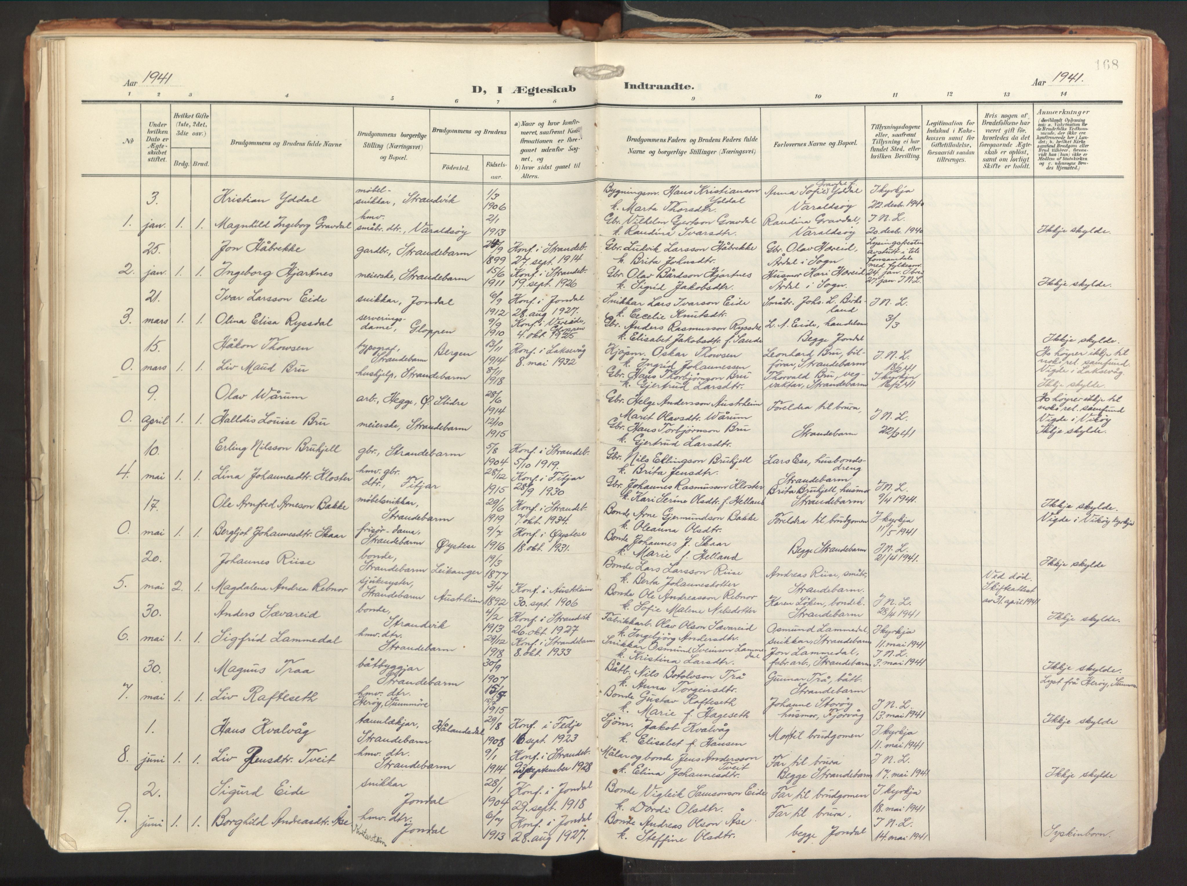 Strandebarm sokneprestembete, SAB/A-78401/H/Haa: Parish register (official) no. B 2, 1909-1941, p. 168