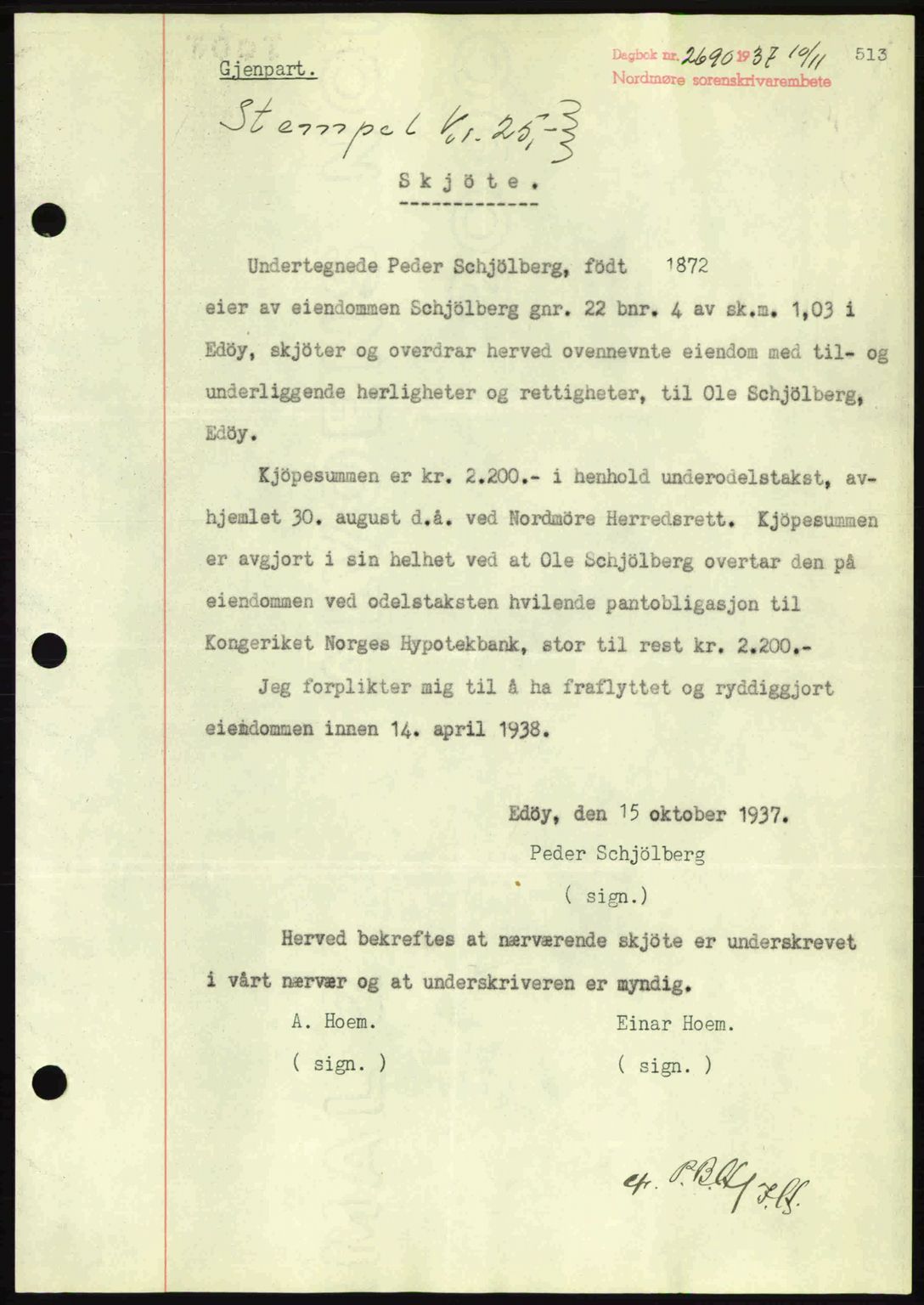 Nordmøre sorenskriveri, SAT/A-4132/1/2/2Ca: Mortgage book no. A82, 1937-1938, Diary no: : 2690/1937