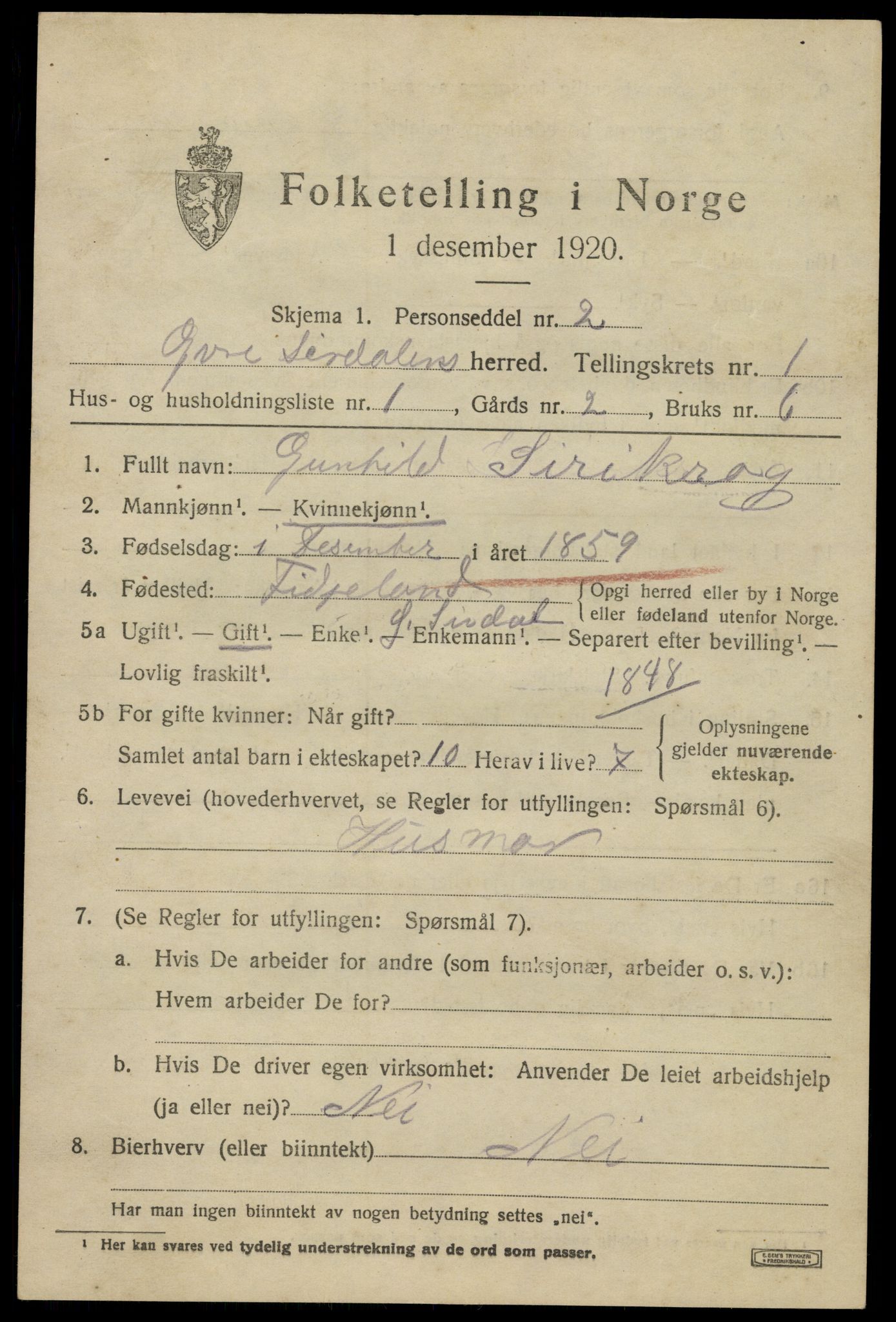 SAK, 1920 census for Øvre Sirdal, 1920, p. 333