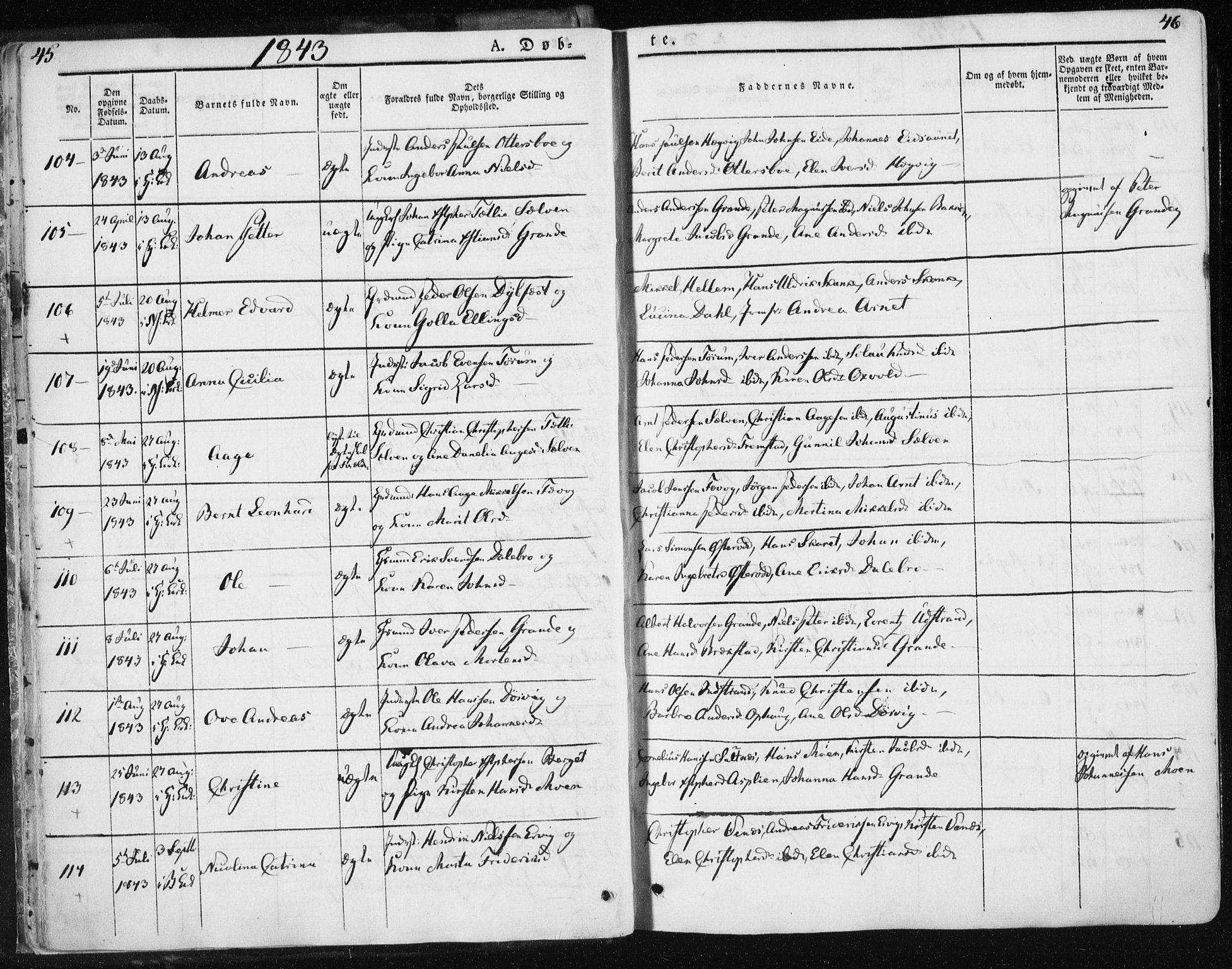 Ministerialprotokoller, klokkerbøker og fødselsregistre - Sør-Trøndelag, AV/SAT-A-1456/659/L0736: Parish register (official) no. 659A06, 1842-1856, p. 45-46