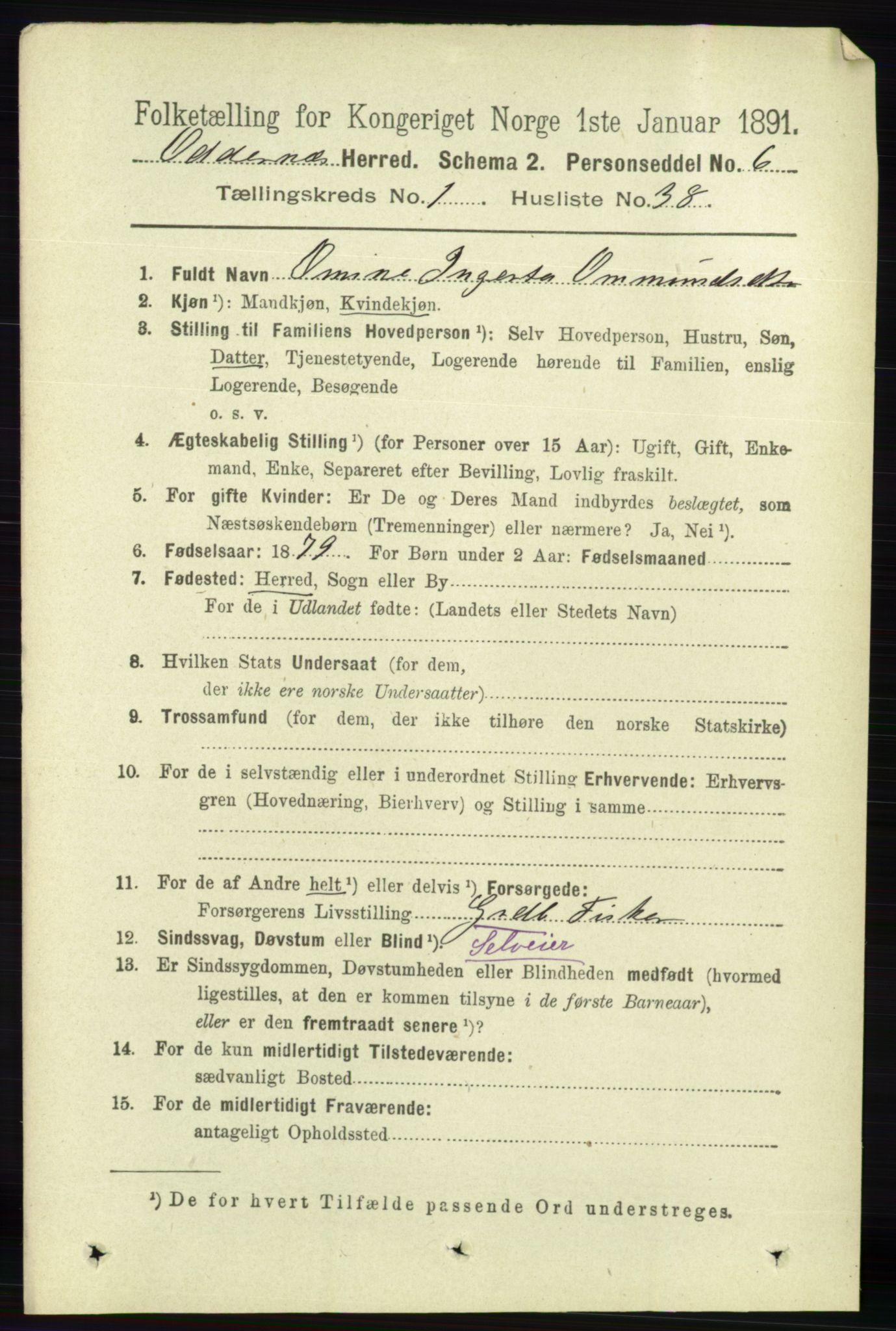 RA, 1891 census for 1012 Oddernes, 1891, p. 320