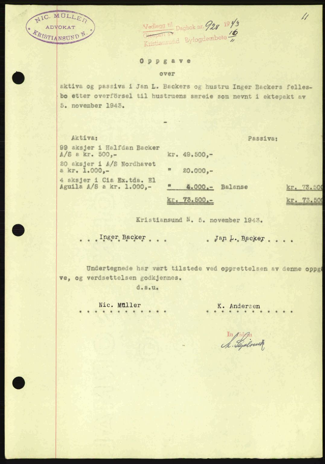 Kristiansund byfogd, AV/SAT-A-4587/A/27: Mortgage book no. 37-38, 1943-1945, Diary no: : 928/1943