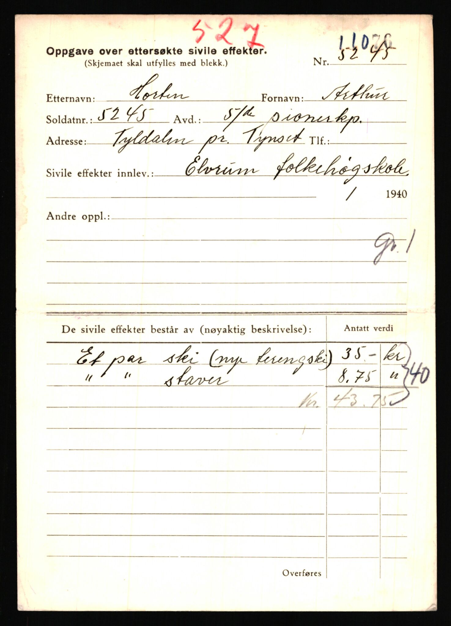 Justisdepartementet, Oppgjørsavdelingen, AV/RA-S-1056/G/Gb/L0034: Oppgaver over ettersøkte sivile effekter. Horten, Arthur - Hæstad, Lars, 1940-1942, p. 3