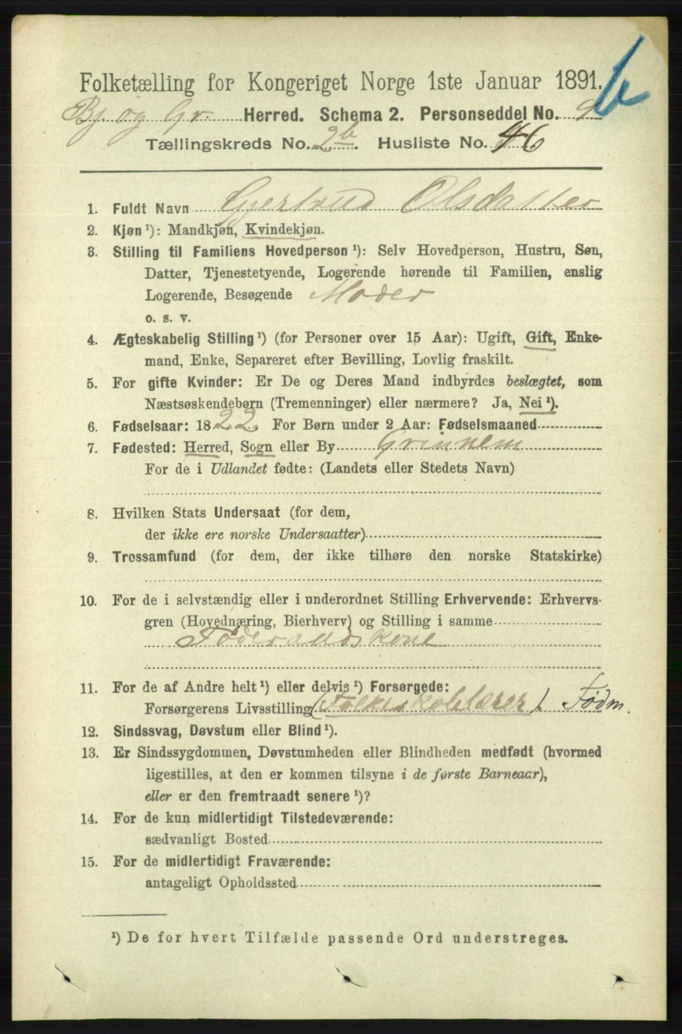 RA, 1891 census for 1024 Bjelland og Grindheim, 1891, p. 590