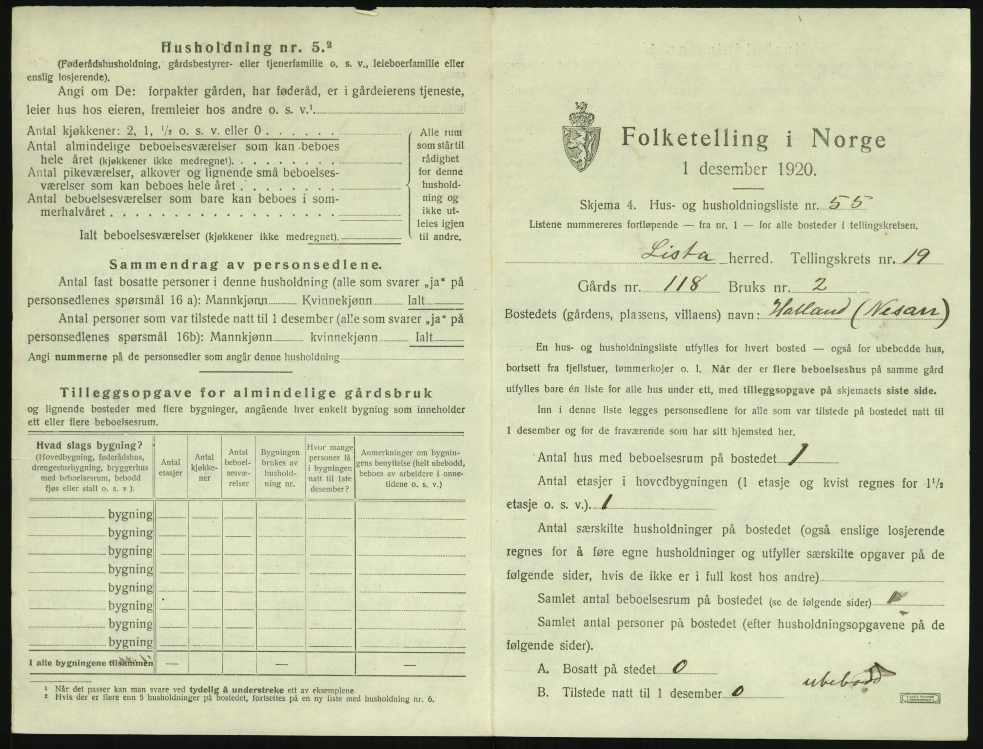 SAK, 1920 census for Lista, 1920, p. 2849