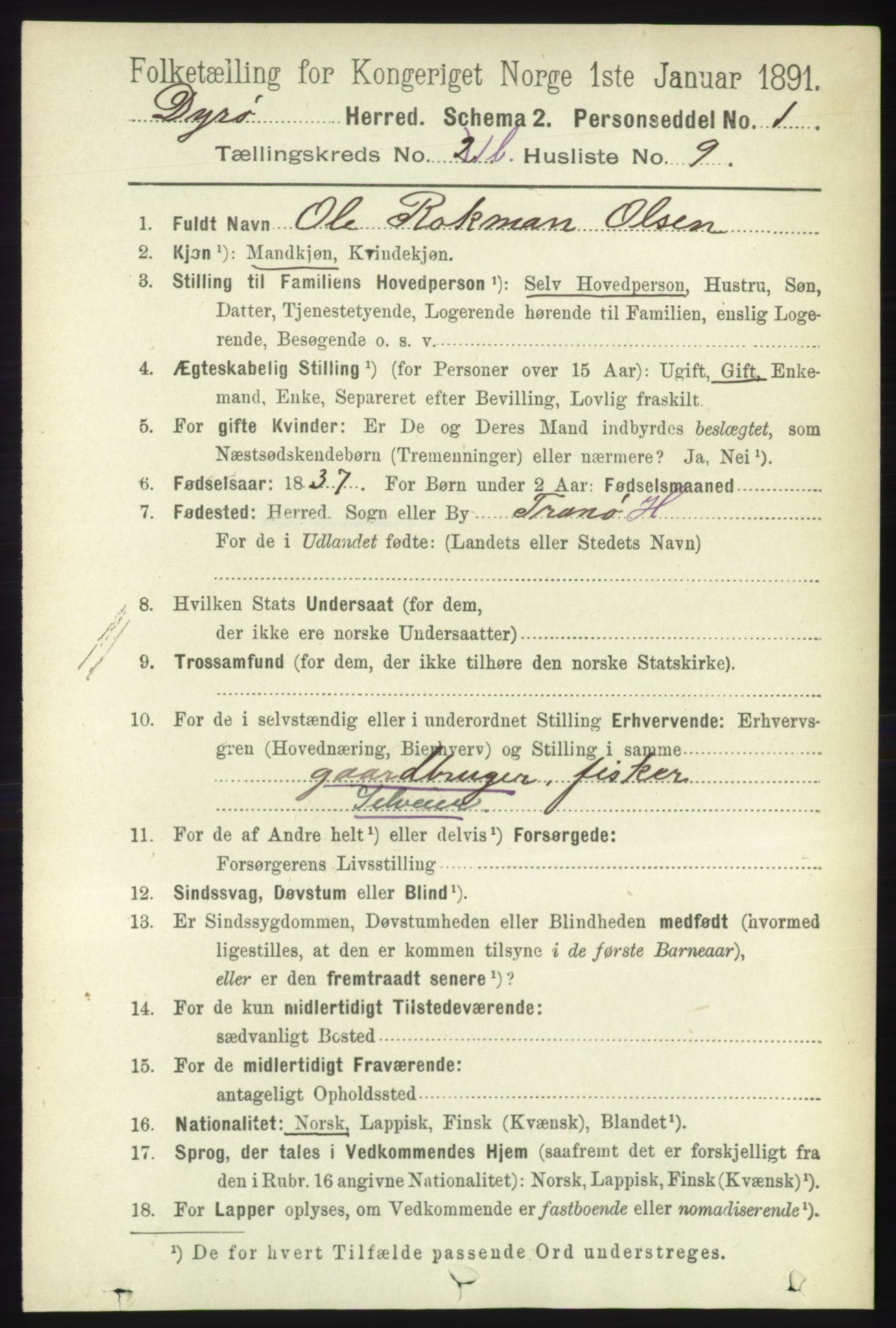 RA, 1891 census for 1926 Dyrøy, 1891, p. 444