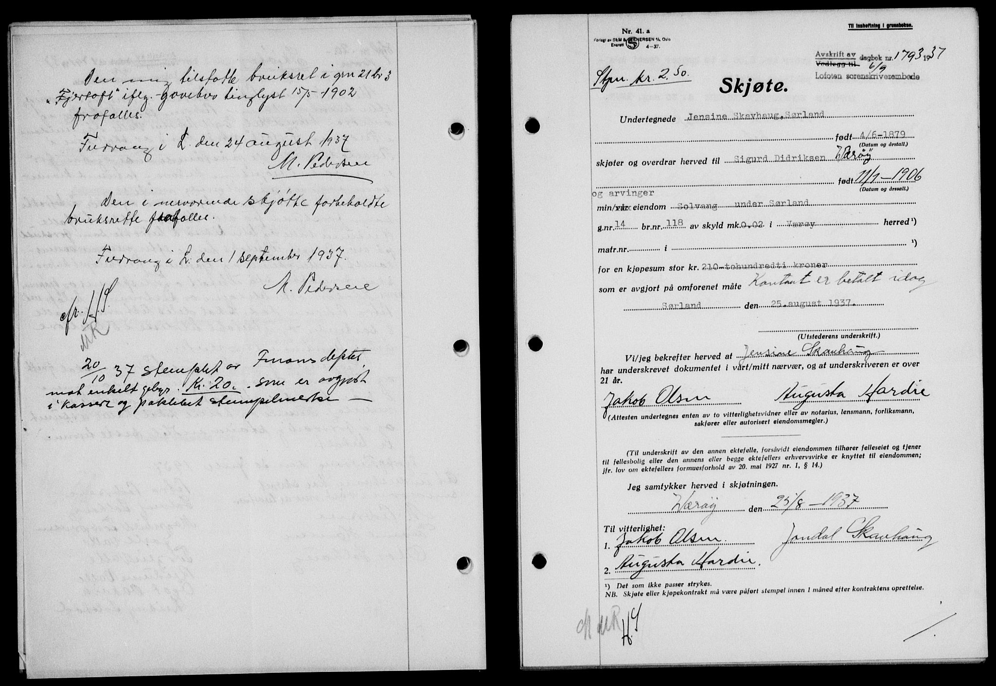 Lofoten sorenskriveri, SAT/A-0017/1/2/2C/L0002a: Mortgage book no. 2a, 1937-1937, Diary no: : 1793/1937