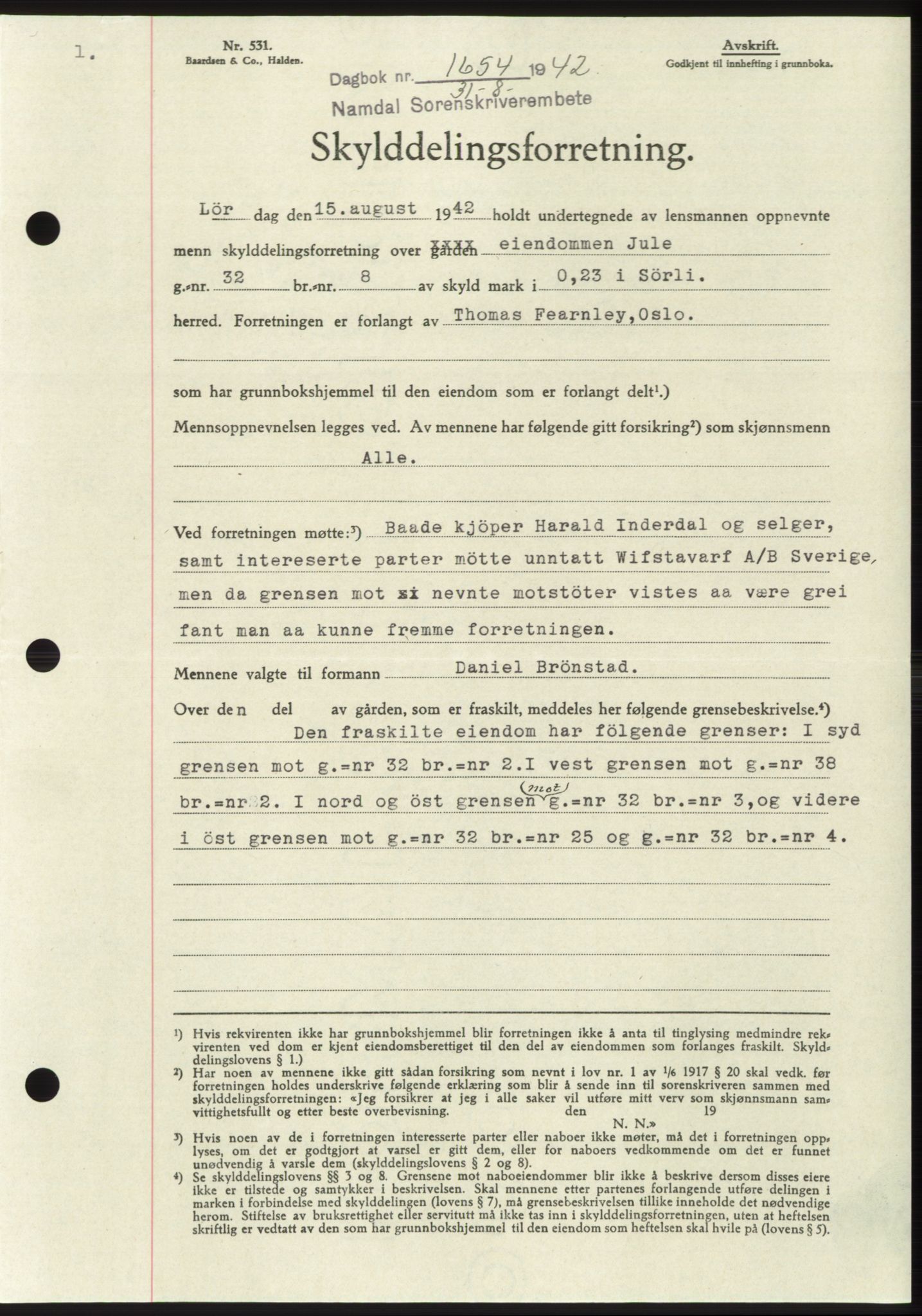 Namdal sorenskriveri, SAT/A-4133/1/2/2C: Mortgage book no. -, 1942-1943, Diary no: : 1654/1942