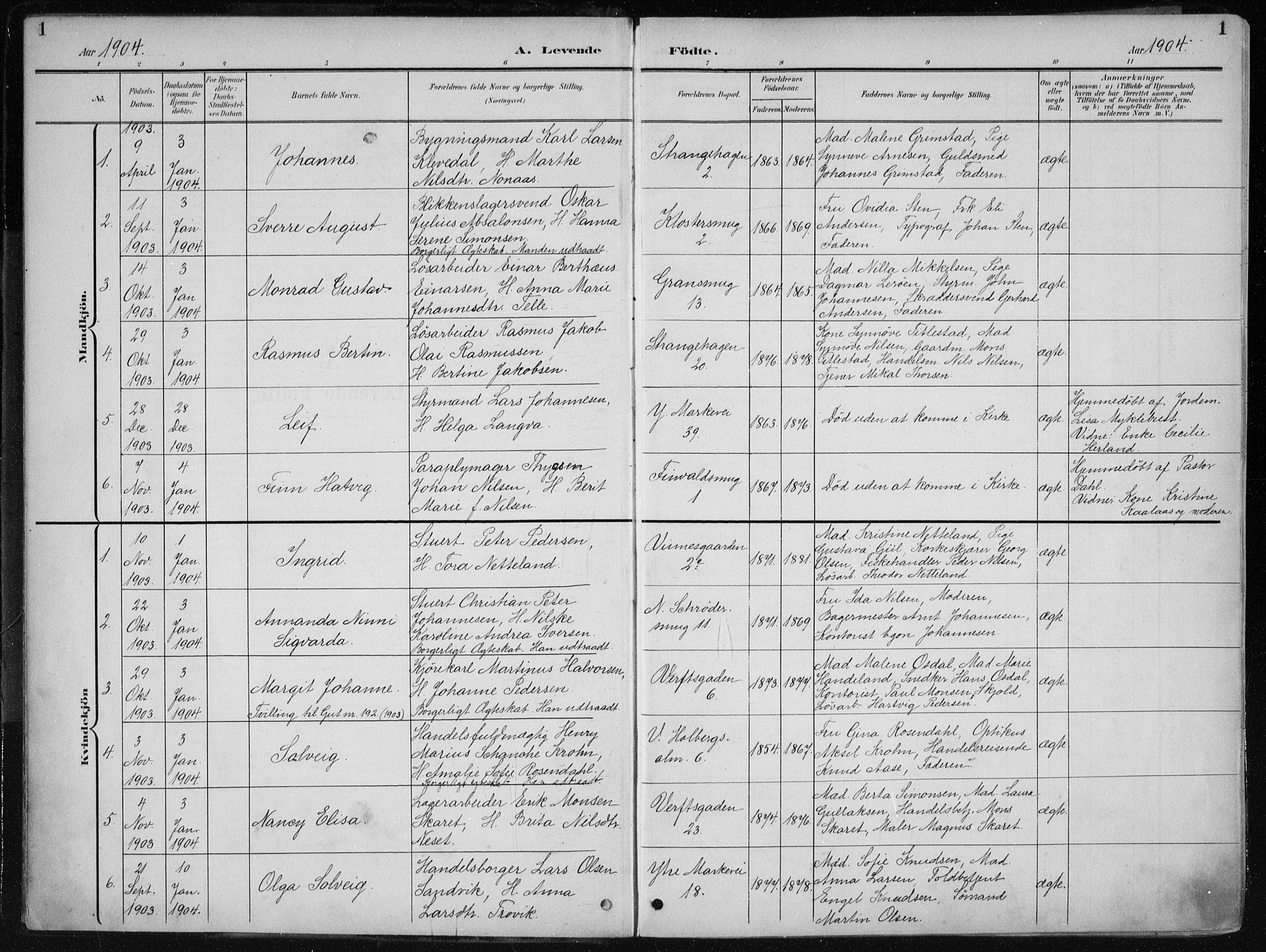 Nykirken Sokneprestembete, AV/SAB-A-77101/H/Haa/L0019: Parish register (official) no. B 7, 1904-1916, p. 1