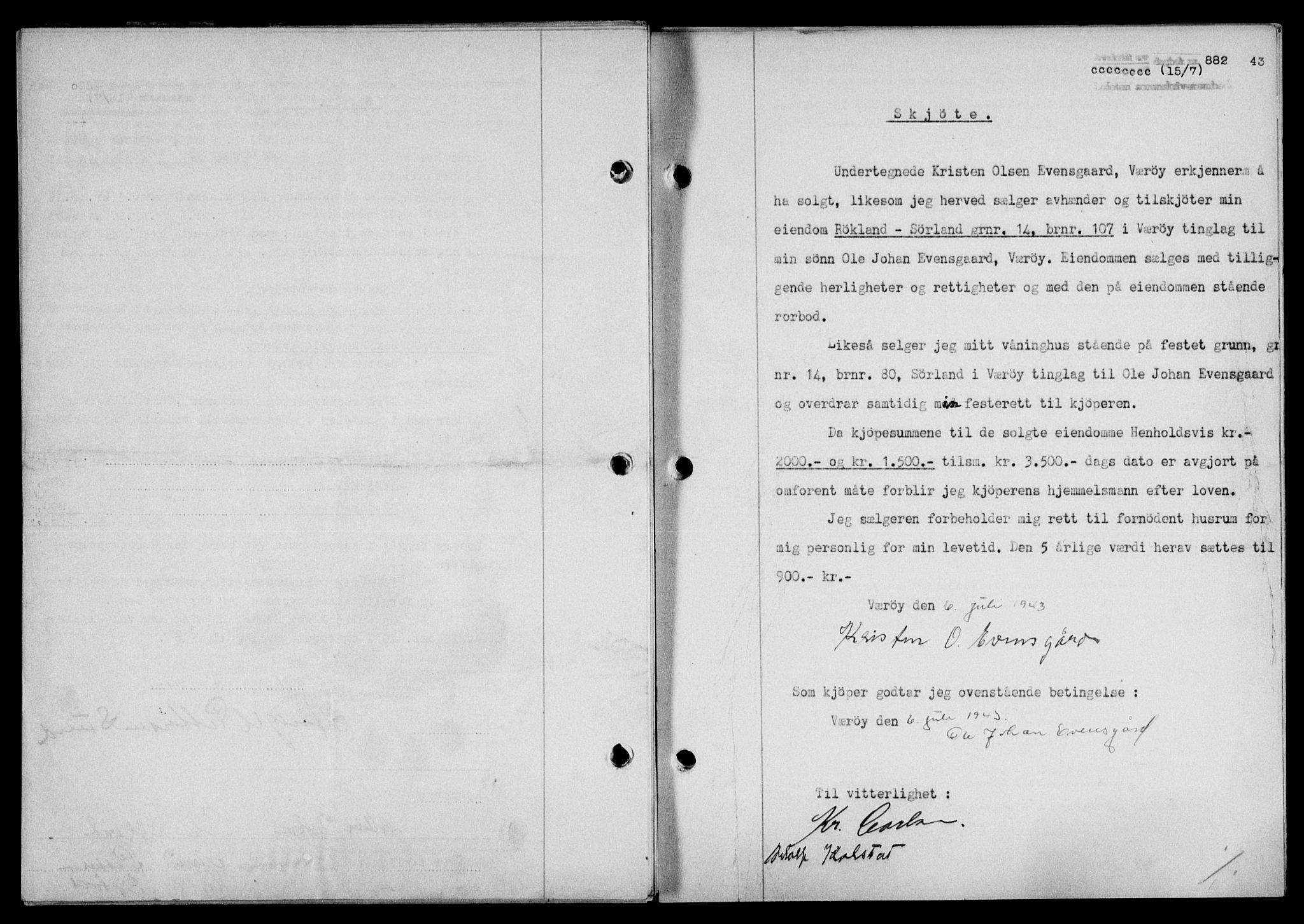 Lofoten sorenskriveri, SAT/A-0017/1/2/2C/L0011a: Mortgage book no. 11a, 1943-1943, Diary no: : 882/1943