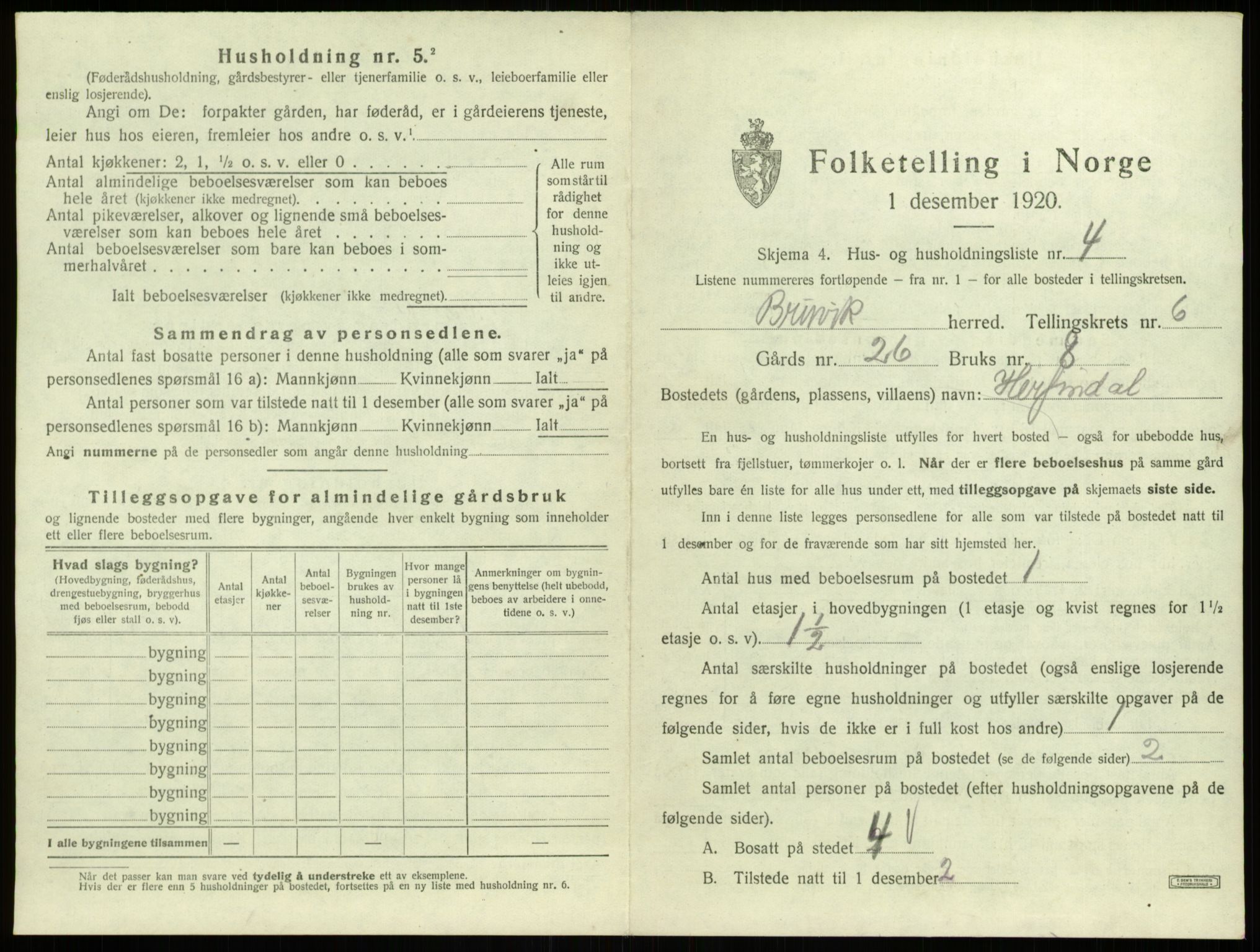 SAB, 1920 census for Bruvik, 1920, p. 410