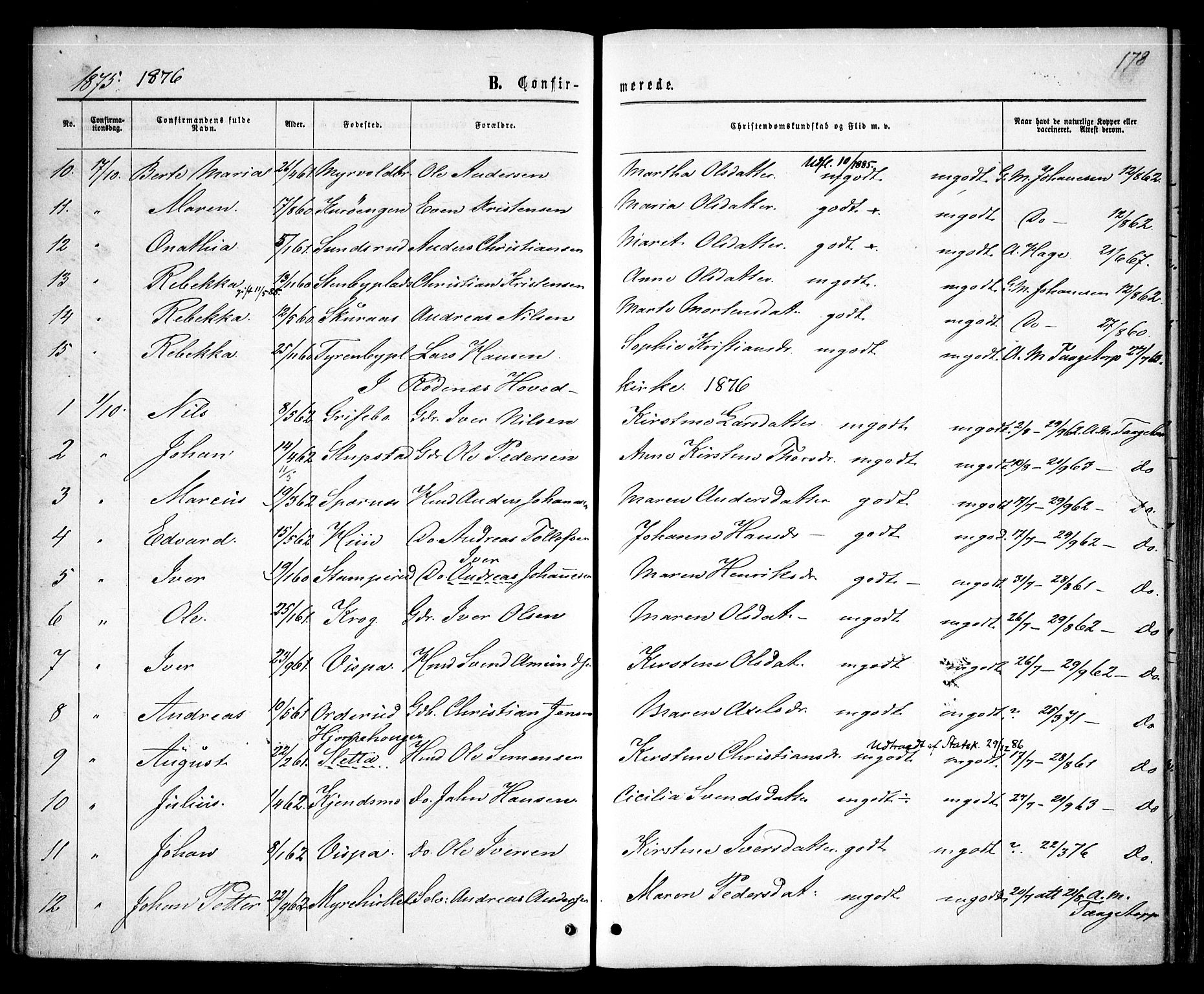 Rødenes prestekontor Kirkebøker, AV/SAO-A-2005/F/Fa/L0008: Parish register (official) no. I 8, 1869-1879, p. 178