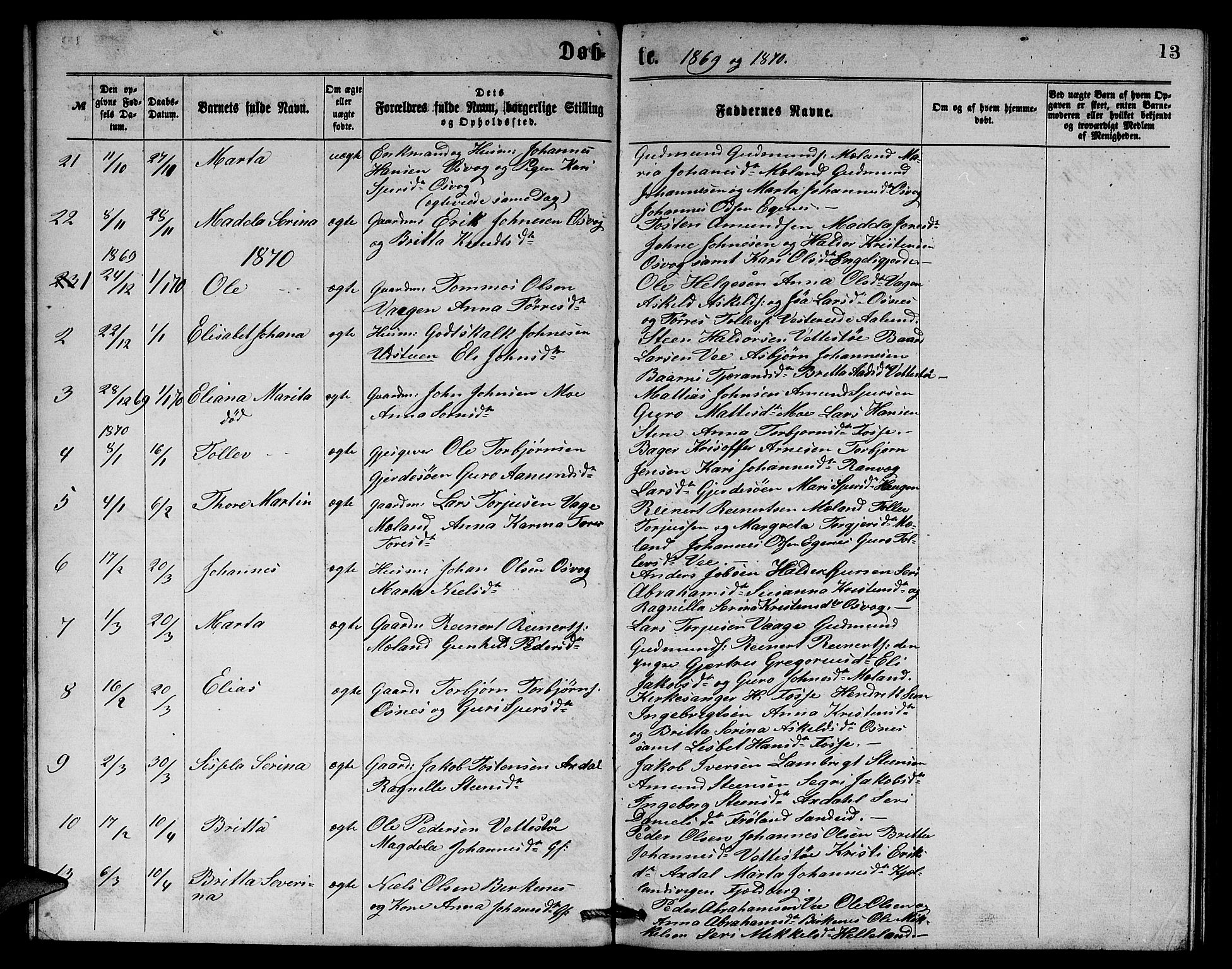Etne sokneprestembete, SAB/A-75001/H/Hab: Parish register (copy) no. B 3, 1867-1878, p. 13