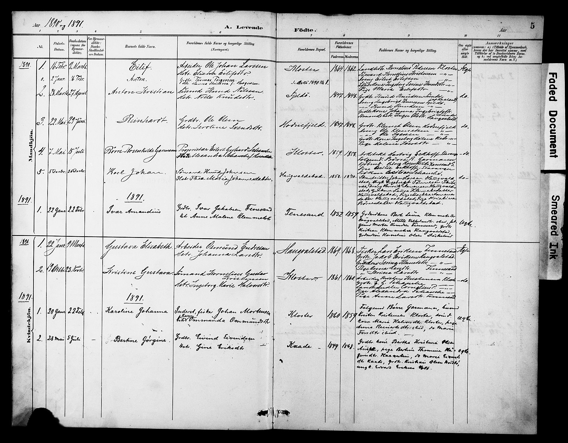 Rennesøy sokneprestkontor, SAST/A -101827/H/Ha/Haa/L0014: Parish register (official) no. A 14, 1890-1908, p. 5