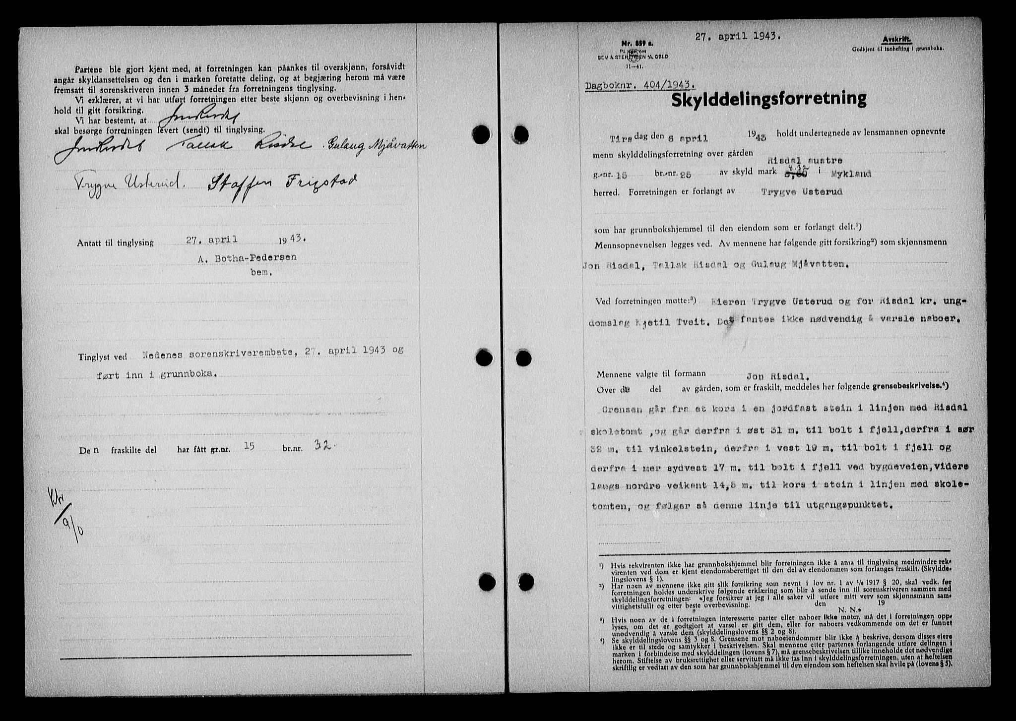 Nedenes sorenskriveri, AV/SAK-1221-0006/G/Gb/Gba/L0050: Mortgage book no. A-IV, 1942-1943, Diary no: : 404/1943