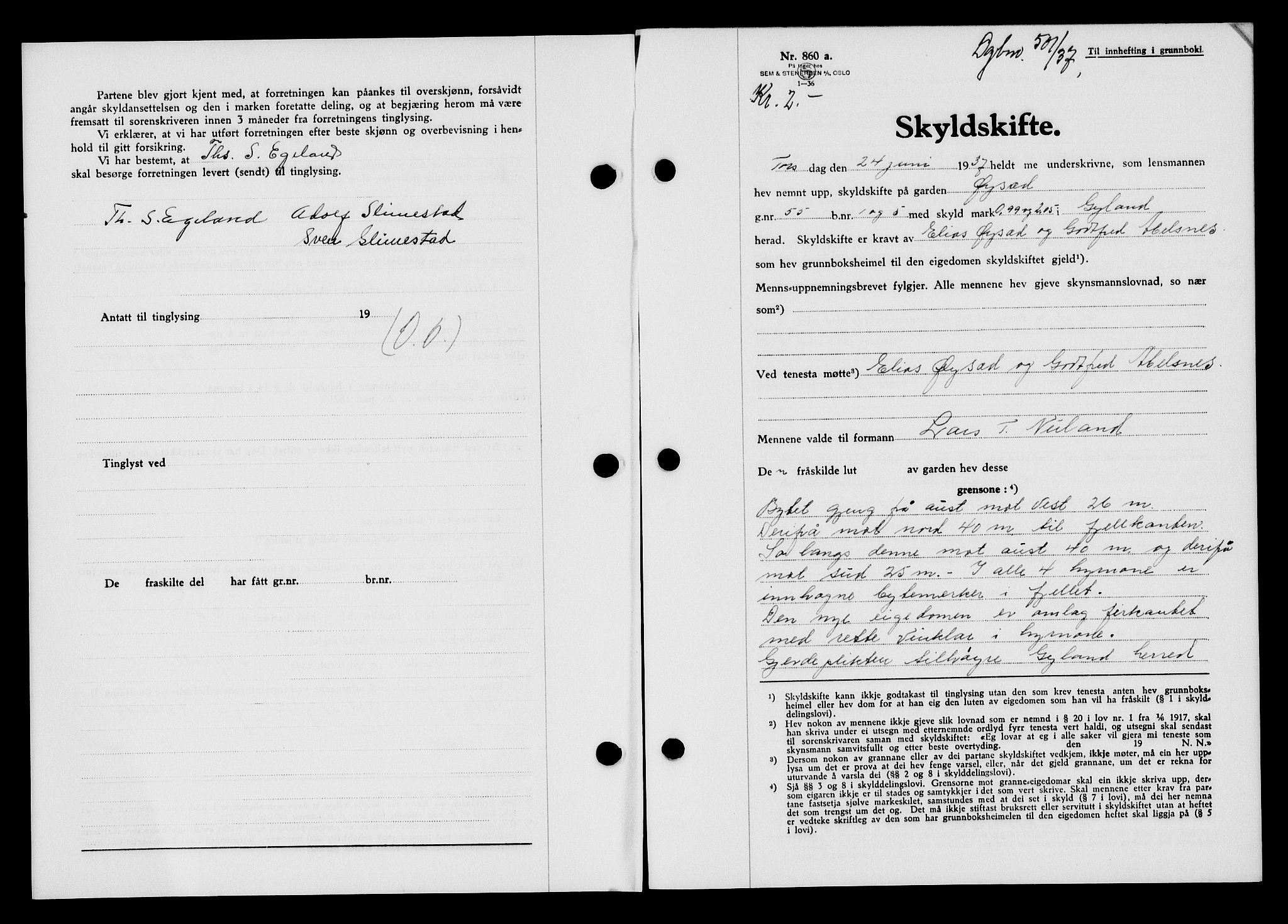 Flekkefjord sorenskriveri, SAK/1221-0001/G/Gb/Gba/L0053: Mortgage book no. A-1, 1936-1937, Diary no: : 501/1937
