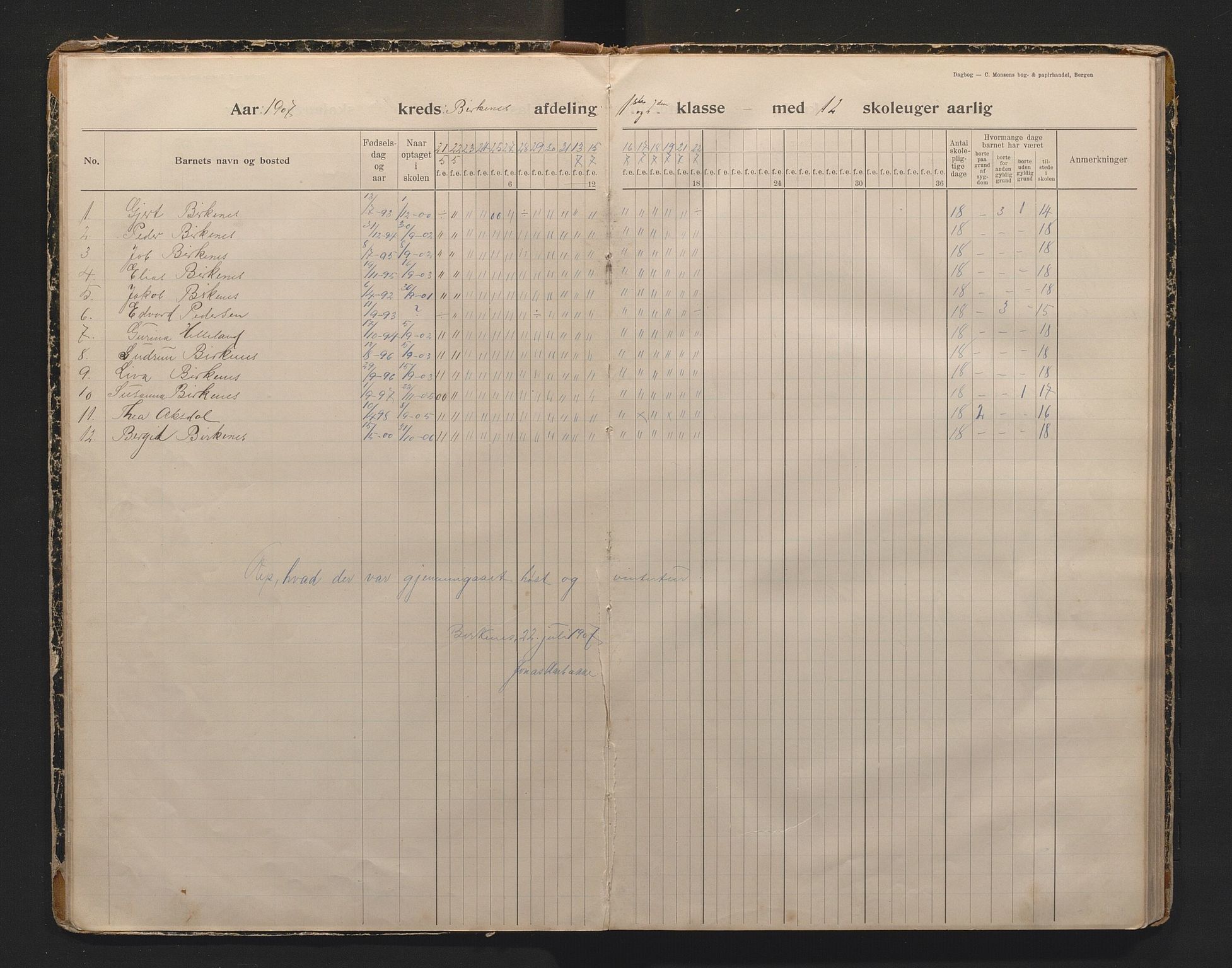 Etne kommune. Barneskulane, IKAH/1211-231/G/Ga/L0003/0001: Dagbok / Birkenes krins, 1906-1918