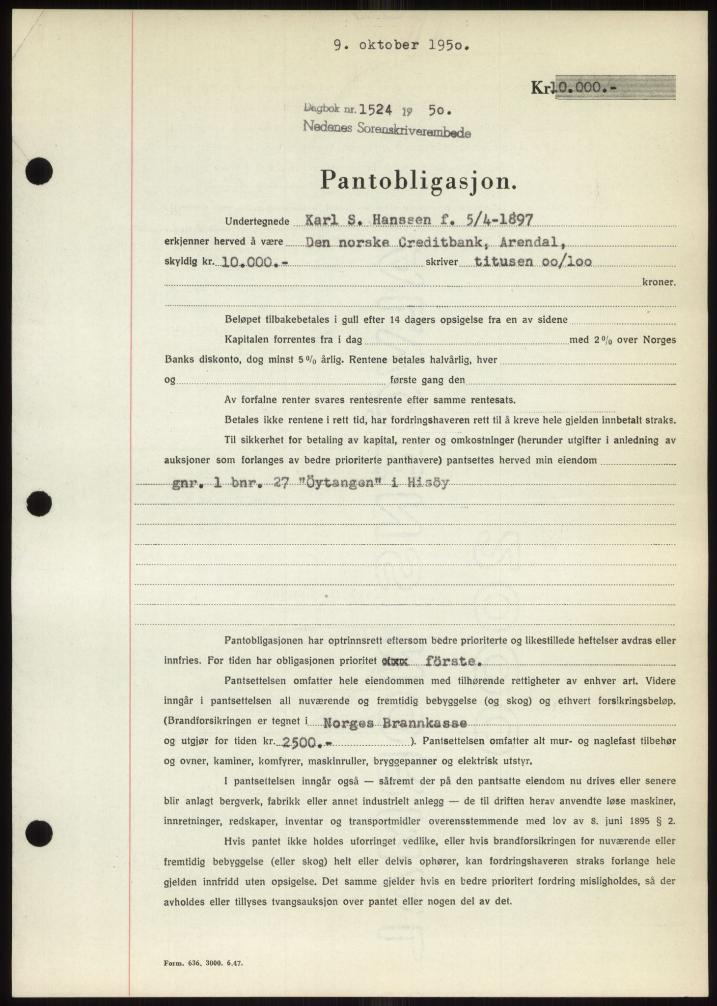 Nedenes sorenskriveri, AV/SAK-1221-0006/G/Gb/Gbb/L0008: Mortgage book no. B8, 1950-1950, Diary no: : 1524/1950