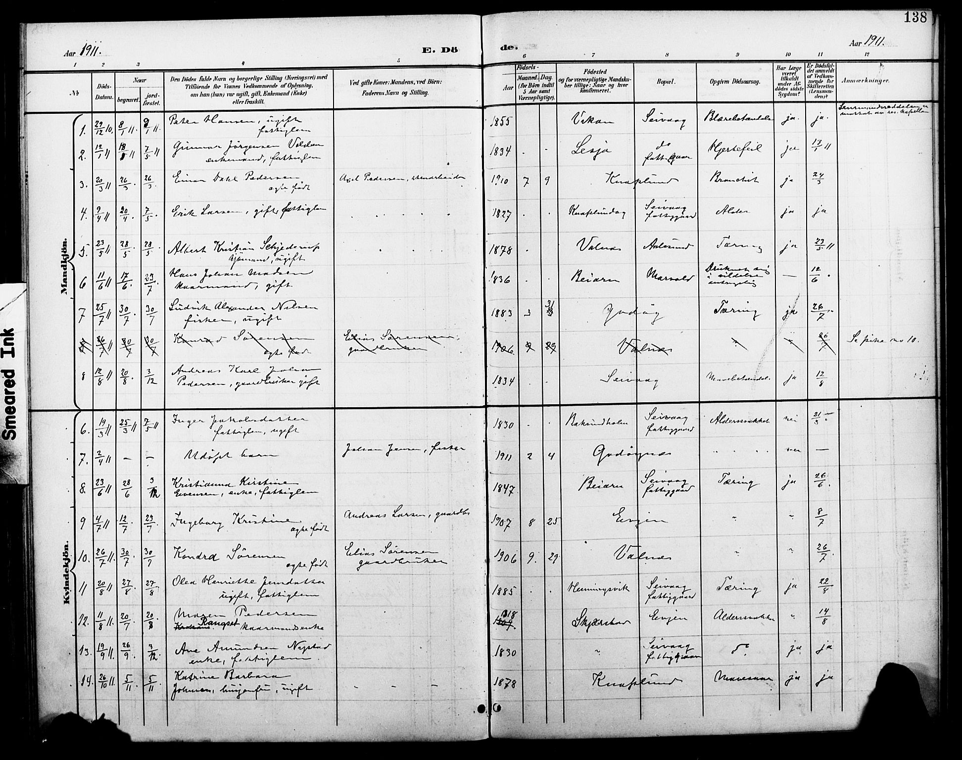 Ministerialprotokoller, klokkerbøker og fødselsregistre - Nordland, SAT/A-1459/804/L0088: Parish register (copy) no. 804C01, 1901-1917, p. 138