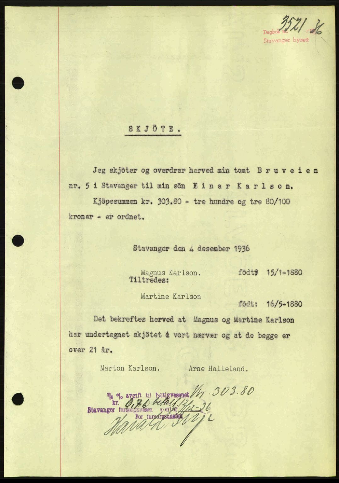 Stavanger byrett, SAST/A-100455/002/G/Gb/L0012: Mortgage book no. A2, 1936-1937, Diary no: : 3521/1936