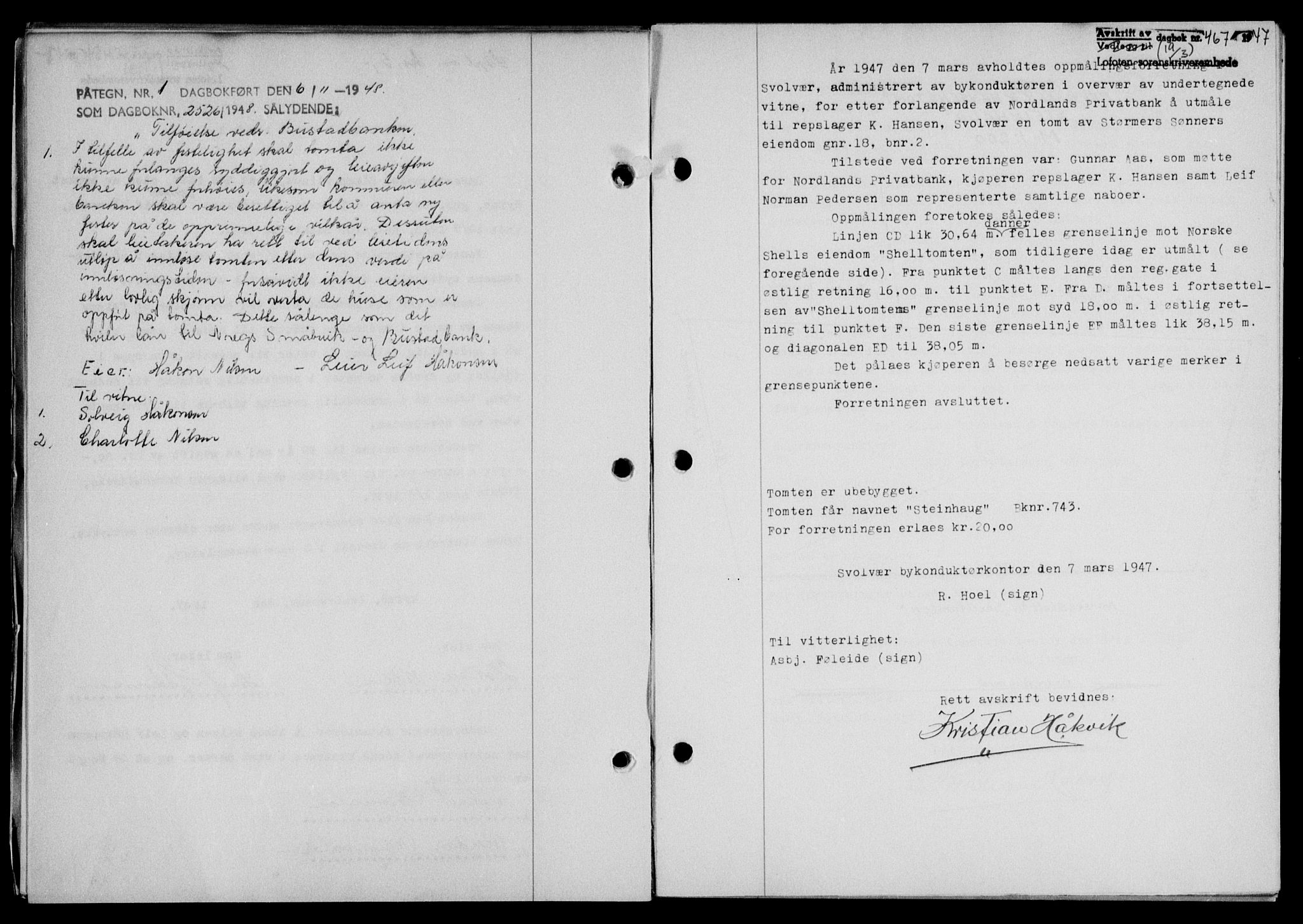 Lofoten sorenskriveri, SAT/A-0017/1/2/2C/L0015a: Mortgage book no. 15a, 1946-1947, Diary no: : 467/1947