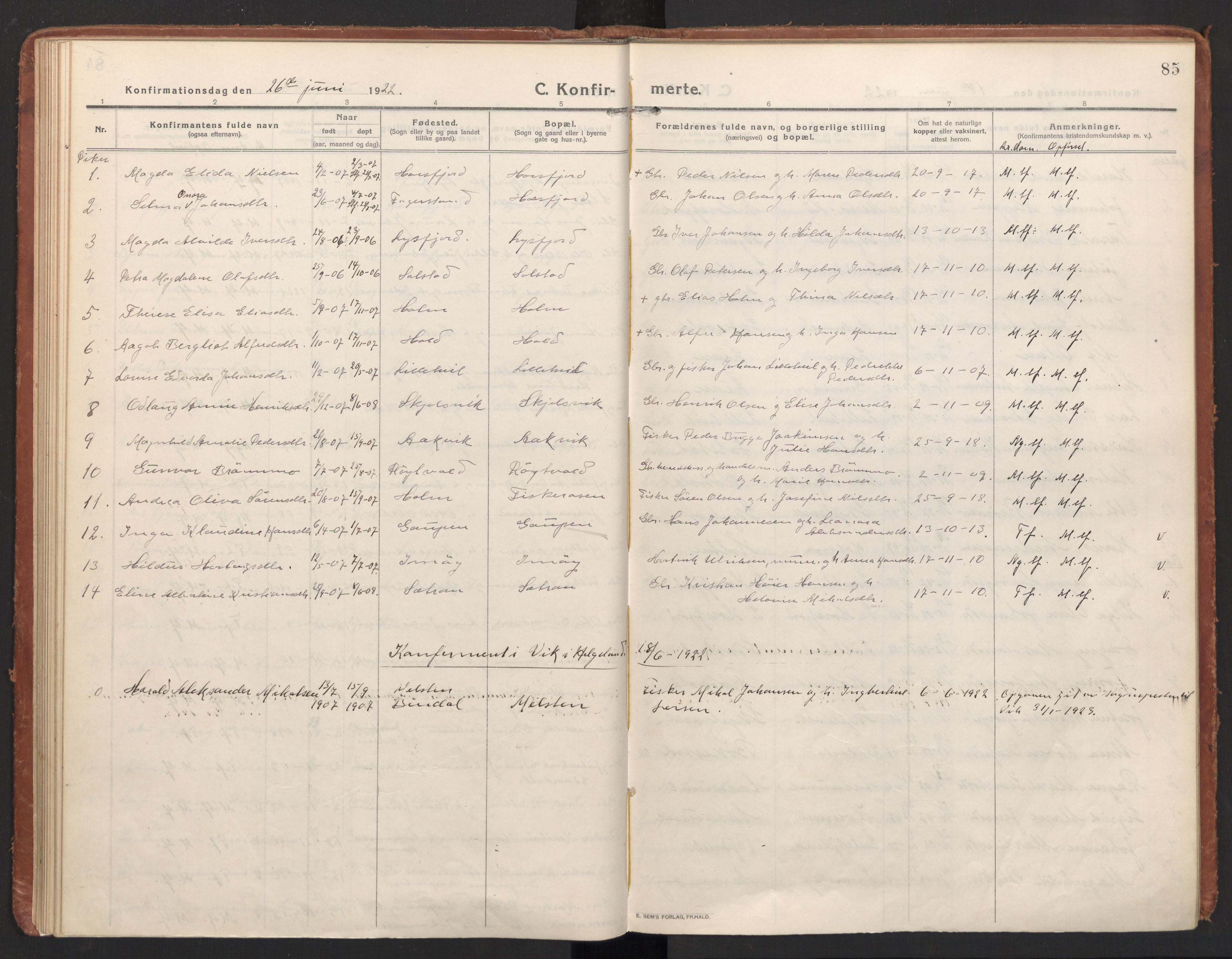 Ministerialprotokoller, klokkerbøker og fødselsregistre - Nordland, AV/SAT-A-1459/811/L0168: Parish register (official) no. 811A05, 1914-1932, p. 85