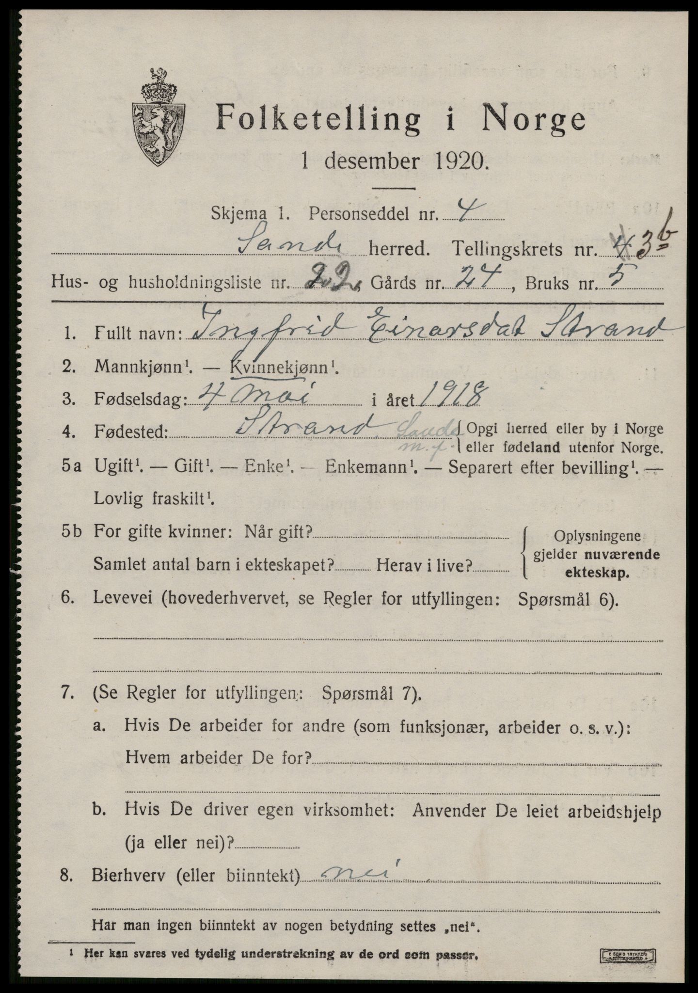 SAT, 1920 census for Sande (MR), 1920, p. 2956