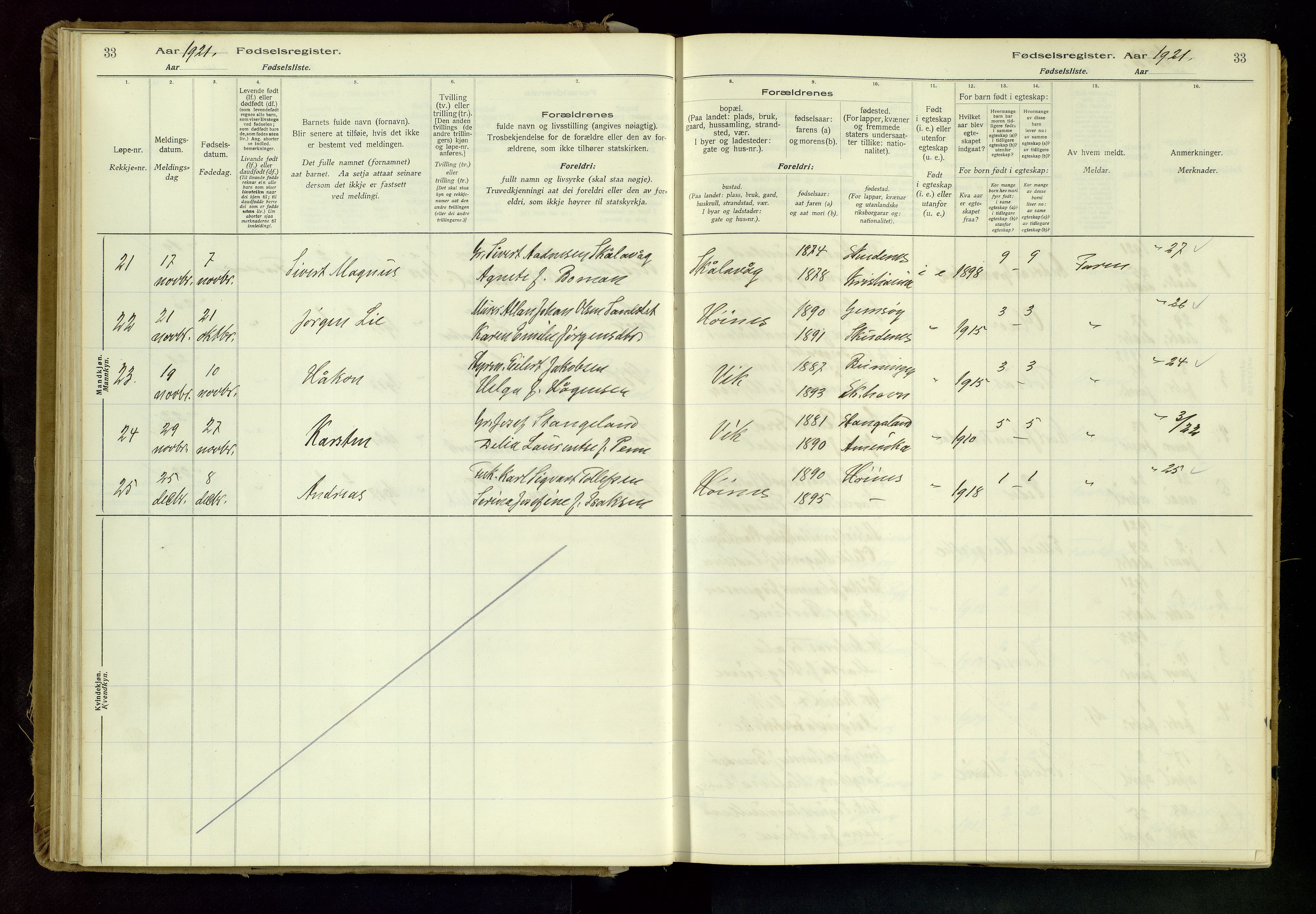 Skudenes sokneprestkontor, AV/SAST-A -101849/I/Id/L0001: Birth register no. 1, 1916-1964, p. 33