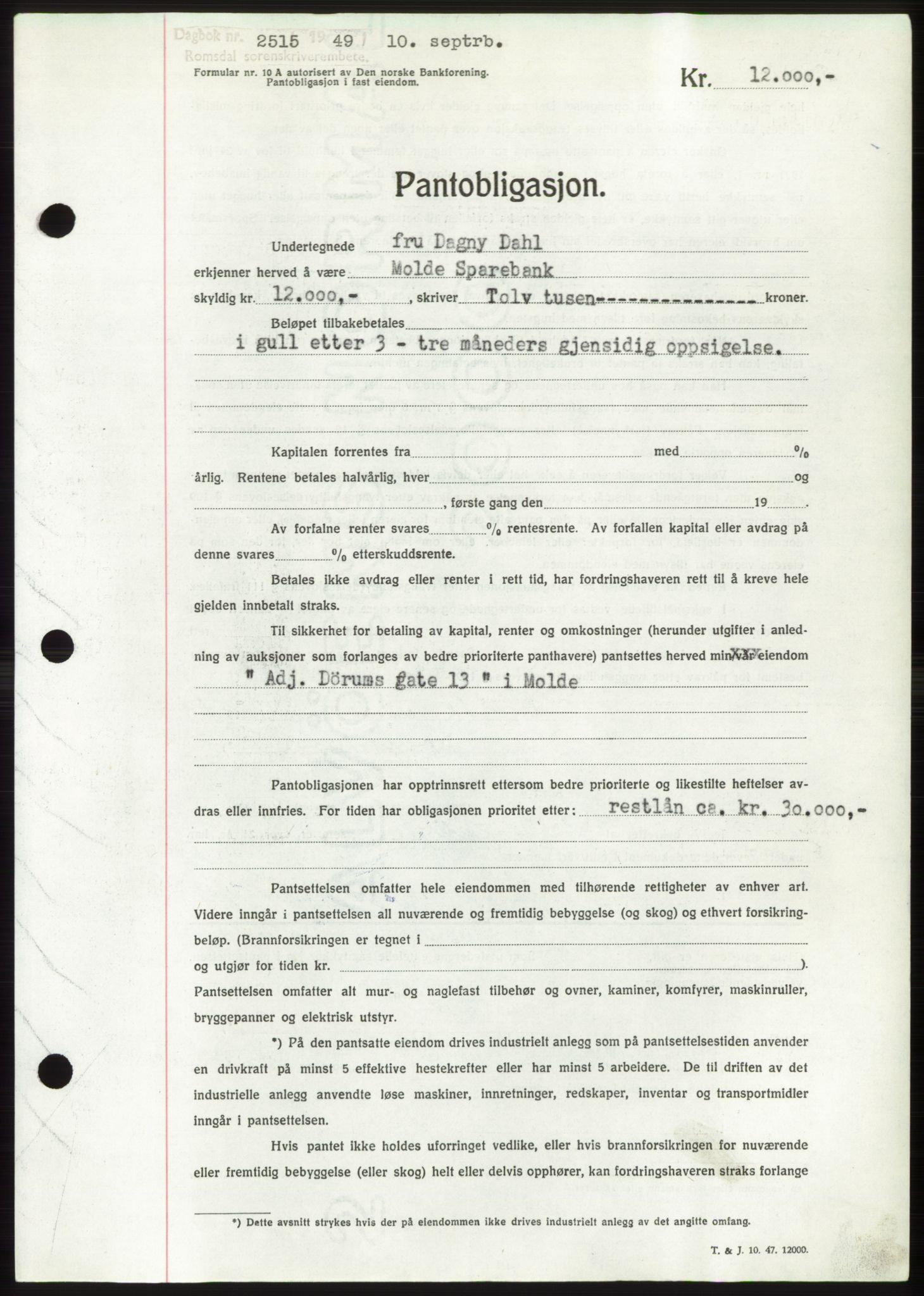 Romsdal sorenskriveri, AV/SAT-A-4149/1/2/2C: Mortgage book no. B4, 1948-1949, Diary no: : 2515/1949