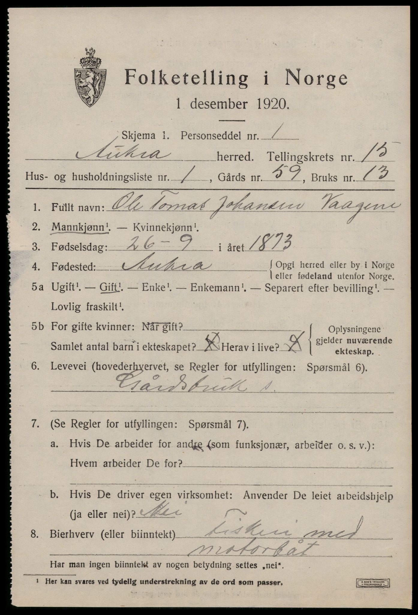 SAT, 1920 census for Aukra, 1920, p. 6695