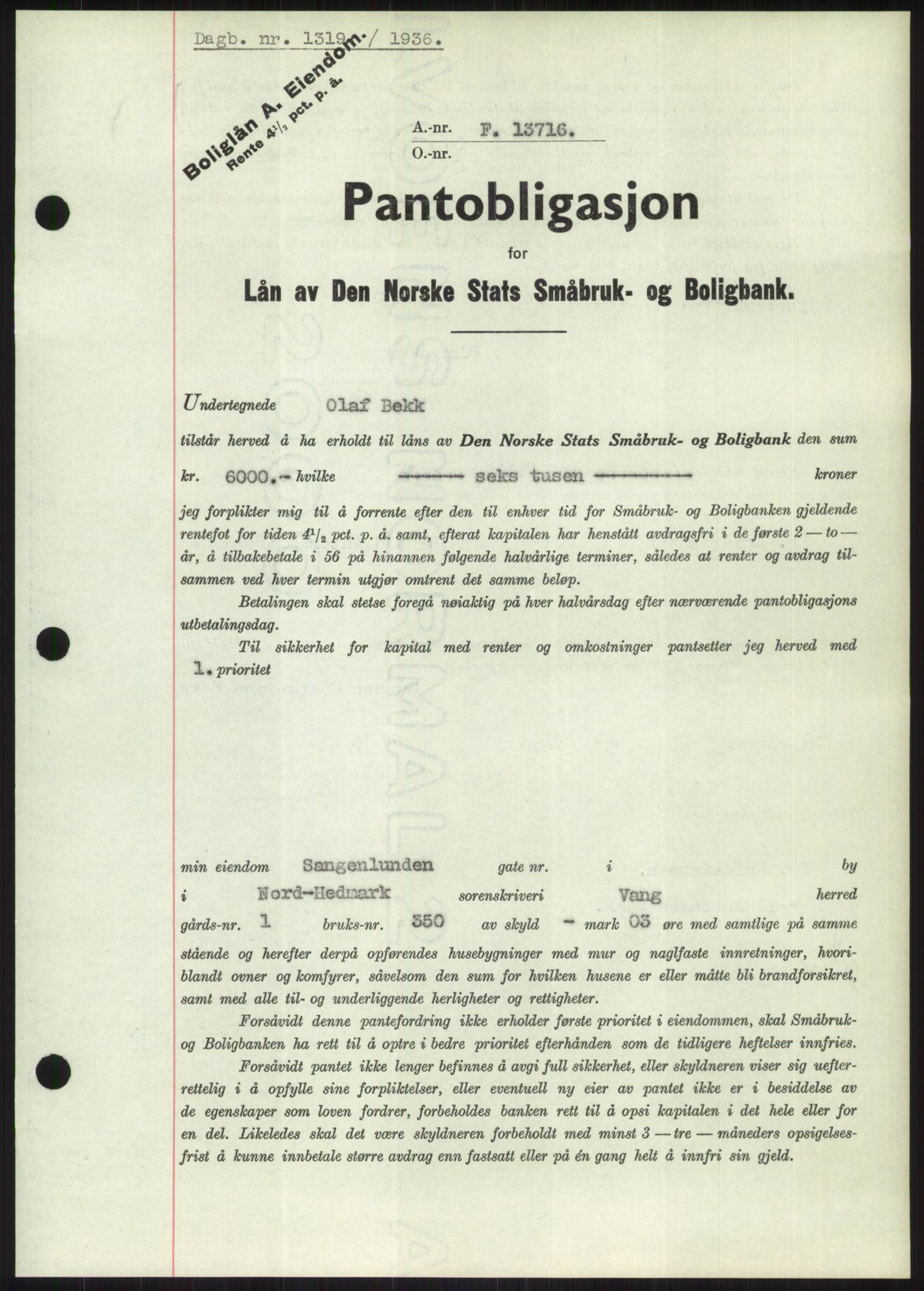 Nord-Hedmark sorenskriveri, SAH/TING-012/H/Hb/Hbf/L0001: Mortgage book no. B1, 1936-1936, Diary no: : 1319/1936