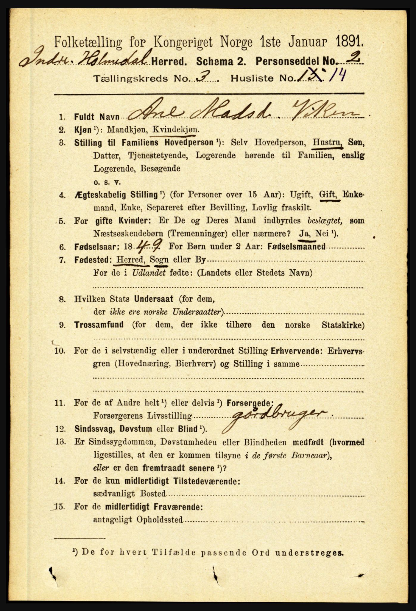 RA, 1891 census for 1430 Indre Holmedal, 1891, p. 997